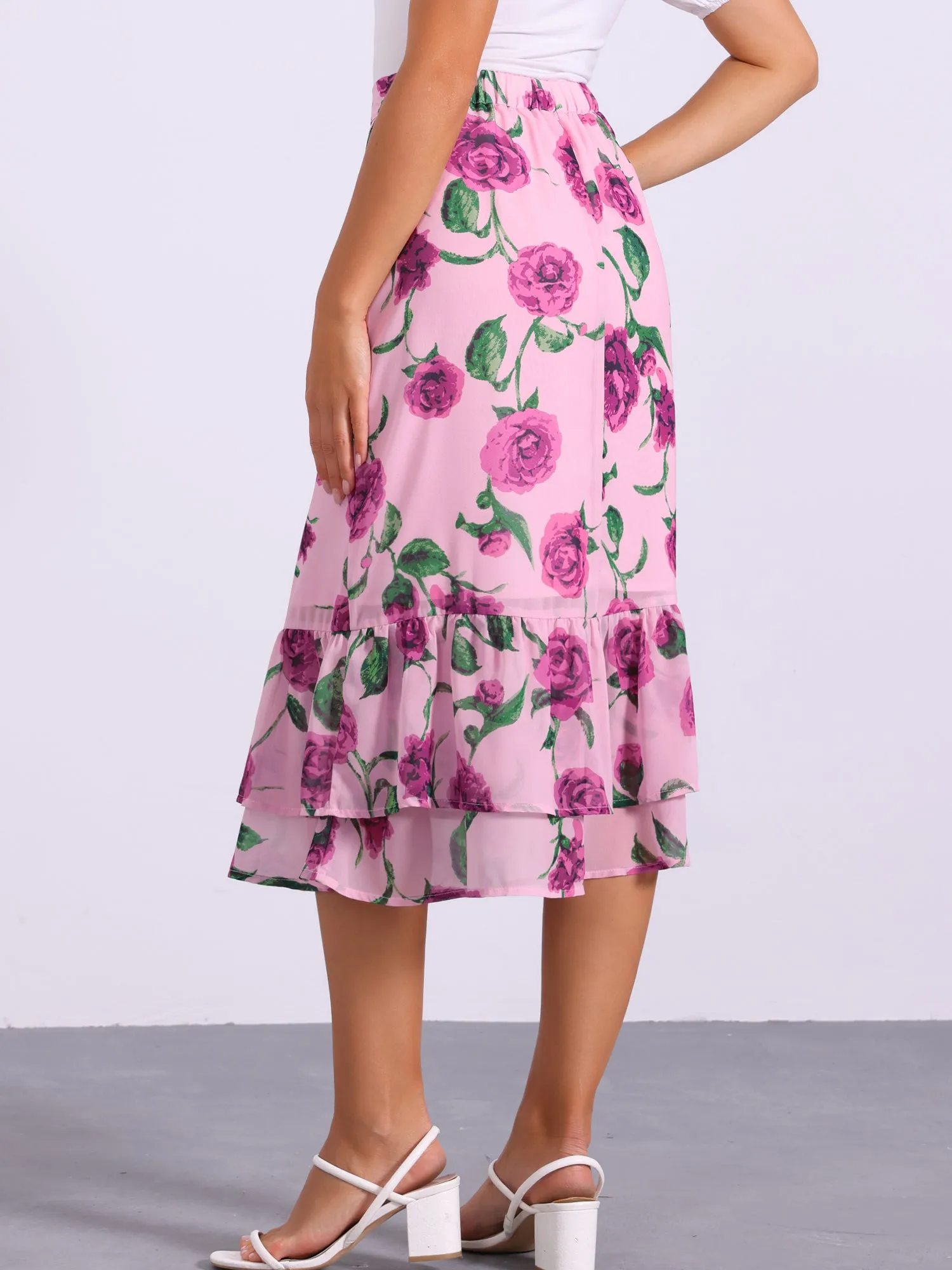 Chiffon Printed Elastic Waist Ruffle Tiered Flowy Midi Skirt