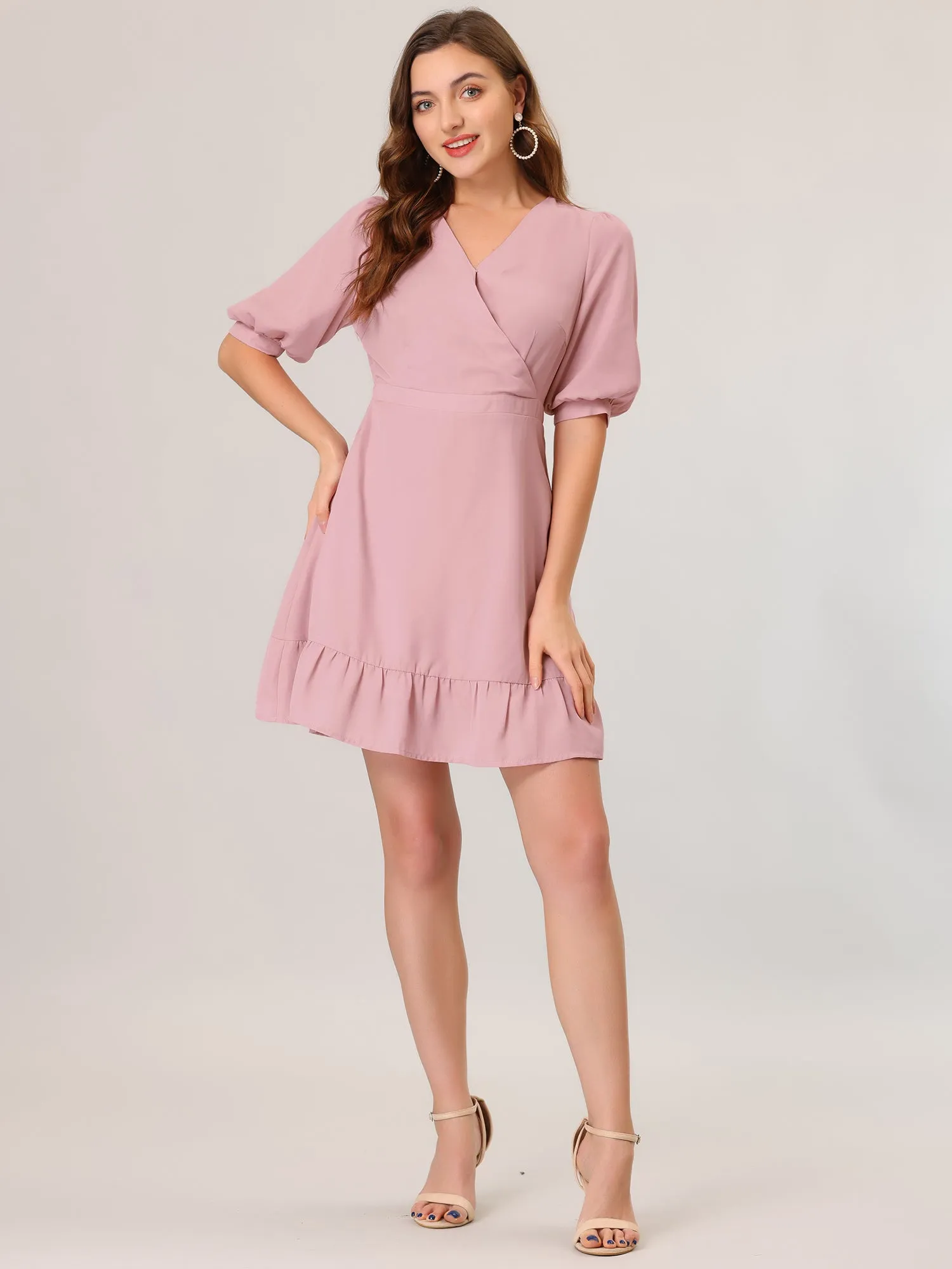 Chiffon Puff Short Sleeve Ruffled Hem A-Line Mini Dress