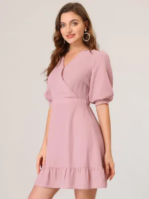Chiffon Puff Short Sleeve Ruffled Hem A-Line Mini Dress