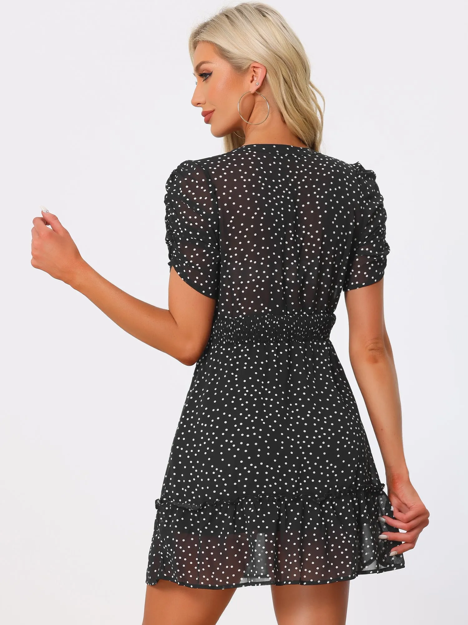 Chiffon Ruched Sleeves Bow Tie Keyhole Shirred Polka Dots Mini Dress