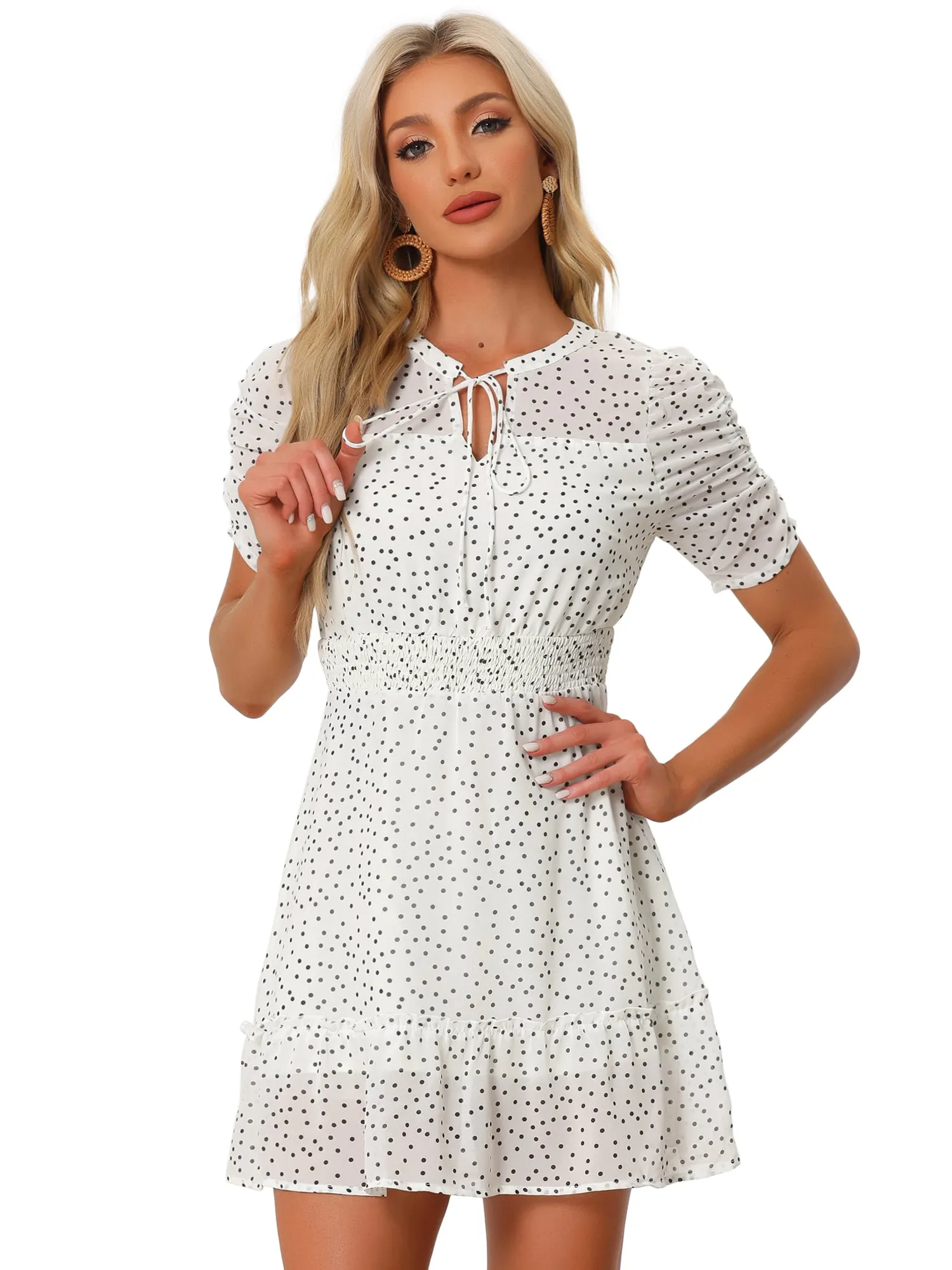 Chiffon Ruched Sleeves Bow Tie Keyhole Shirred Polka Dots Mini Dress