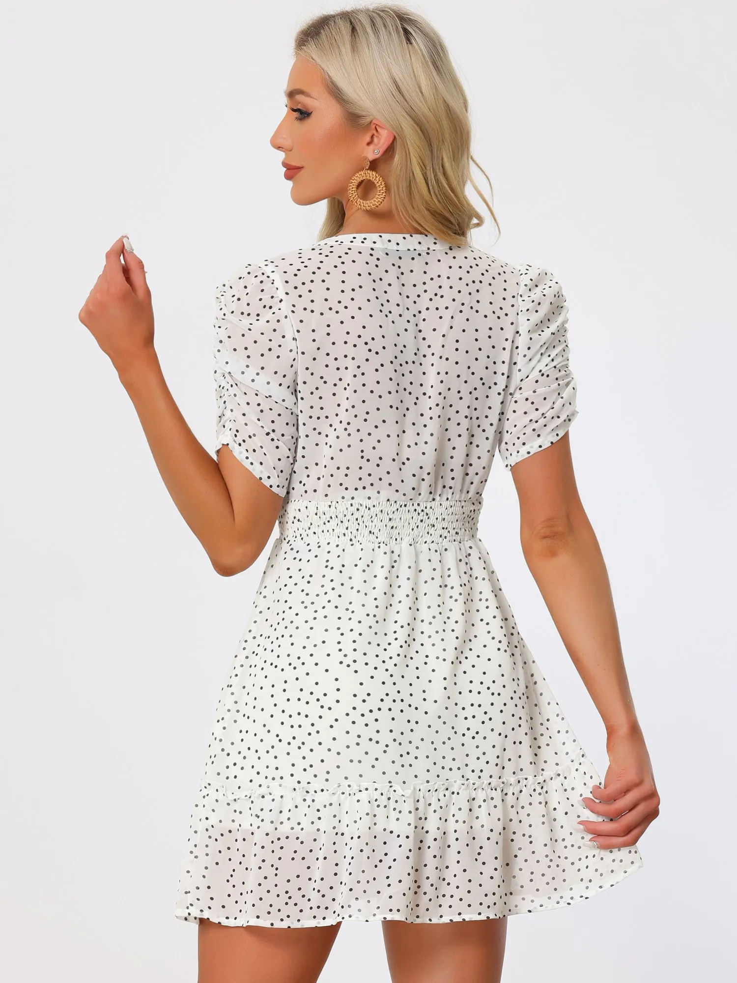 Chiffon Ruched Sleeves Bow Tie Keyhole Shirred Polka Dots Mini Dress