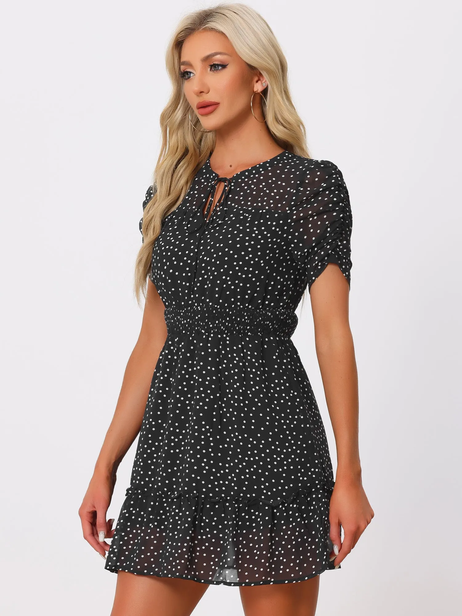 Chiffon Ruched Sleeves Bow Tie Keyhole Shirred Polka Dots Mini Dress