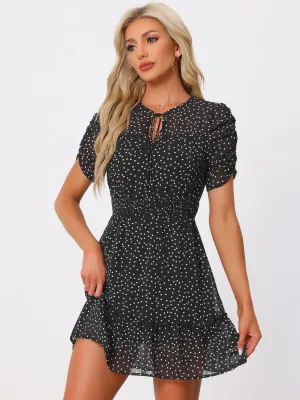 Chiffon Ruched Sleeves Bow Tie Keyhole Shirred Polka Dots Mini Dress
