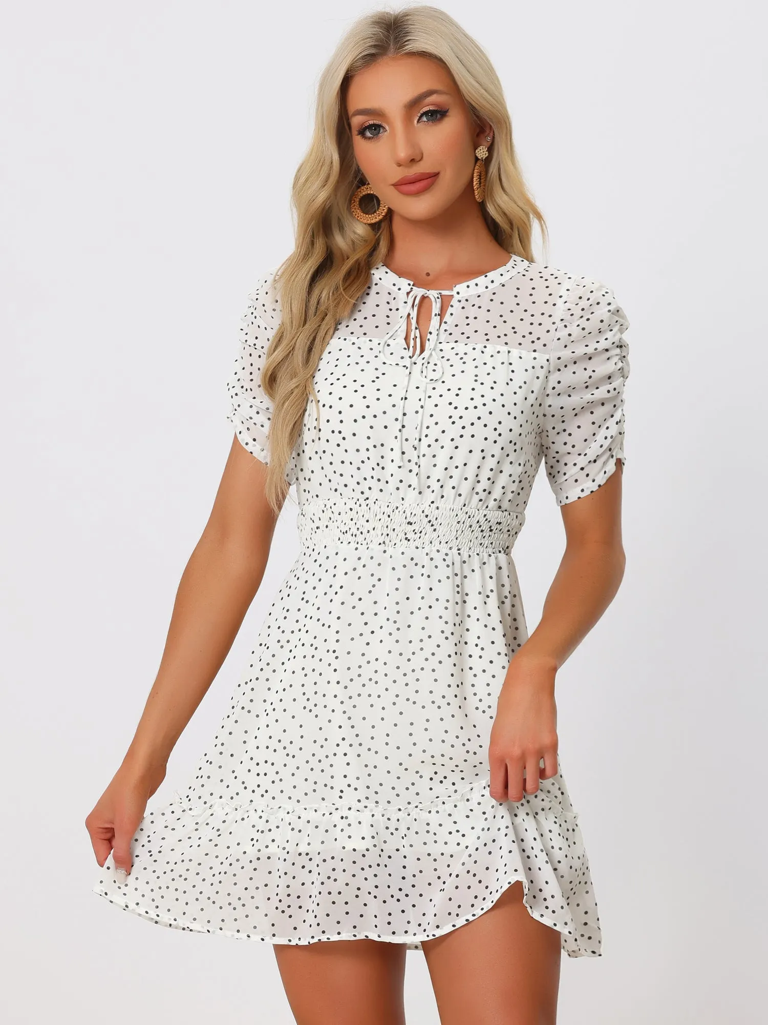 Chiffon Ruched Sleeves Bow Tie Keyhole Shirred Polka Dots Mini Dress