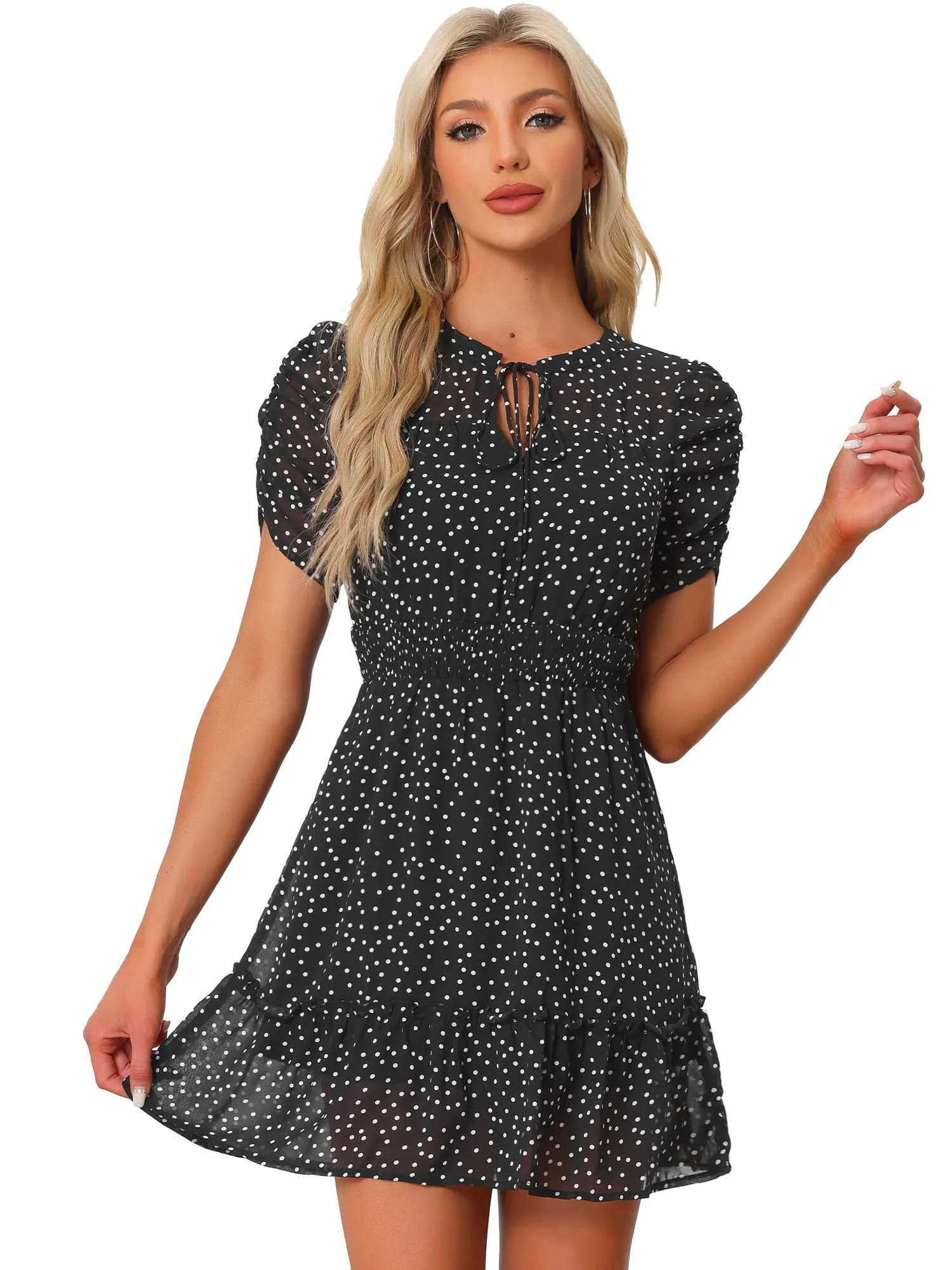 Chiffon Ruched Sleeves Bow Tie Keyhole Shirred Polka Dots Mini Dress