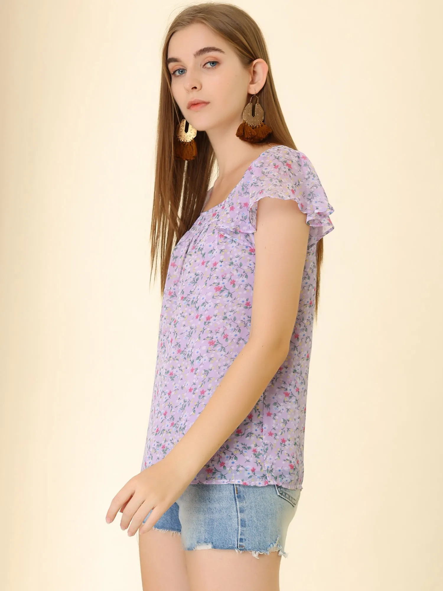Chiffon Ruffle Sleeve Top Layered Vintage Ditsy Floral Blouse