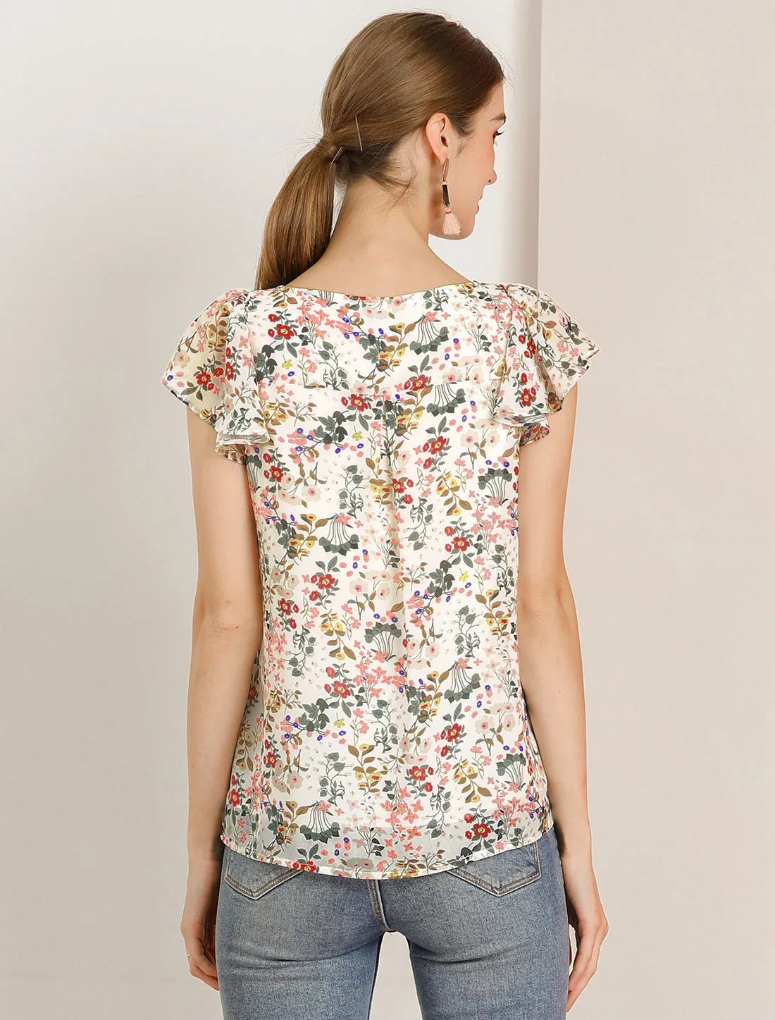 Chiffon Ruffle Sleeve Top Layered Vintage Ditsy Floral Blouse