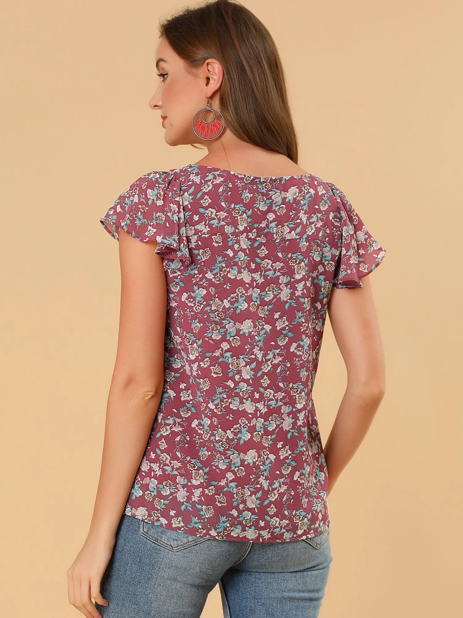 Chiffon Ruffle Sleeve Top Layered Vintage Ditsy Floral Blouse
