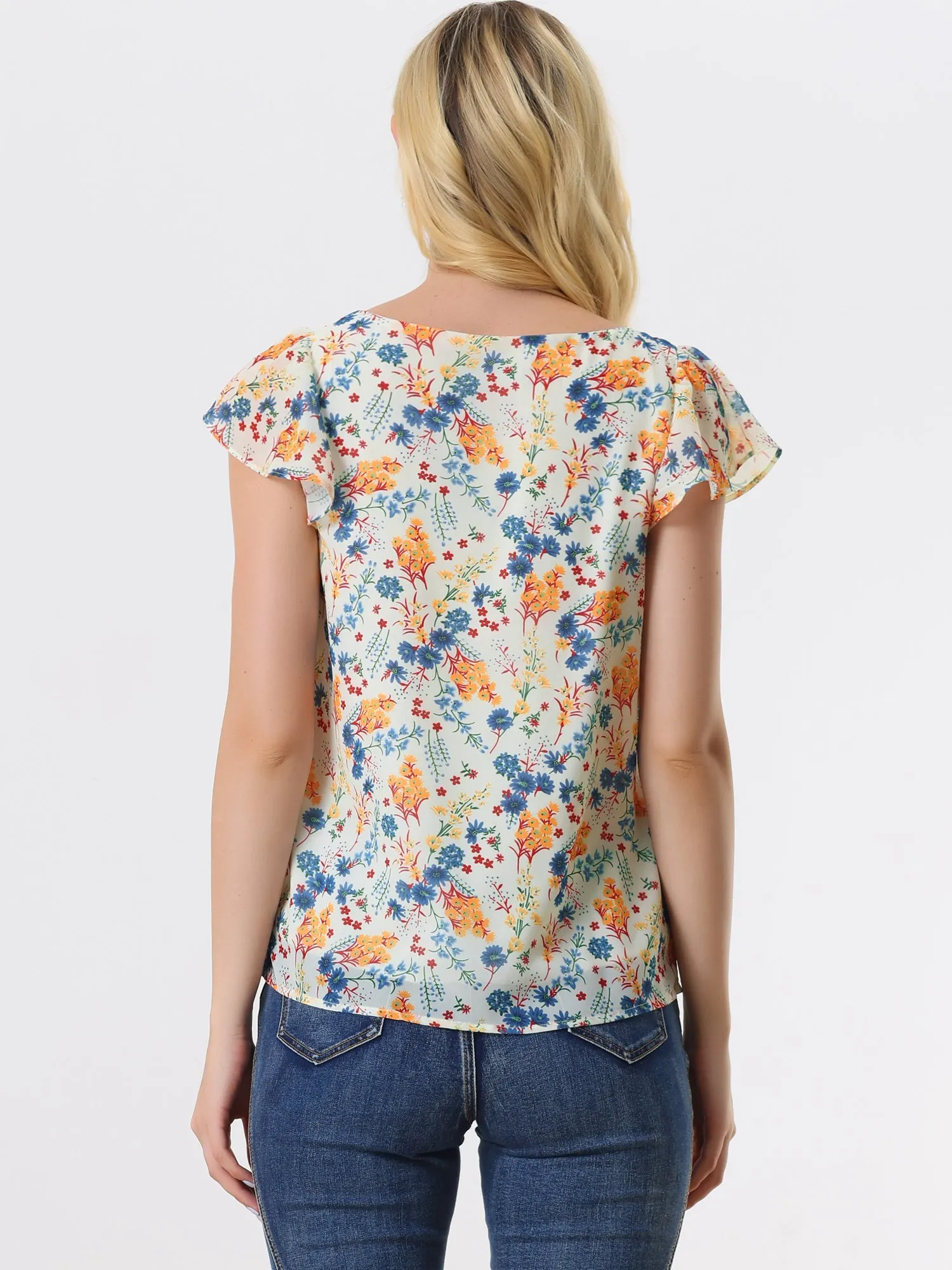 Chiffon Ruffle Sleeve Top Layered Vintage Ditsy Floral Blouse