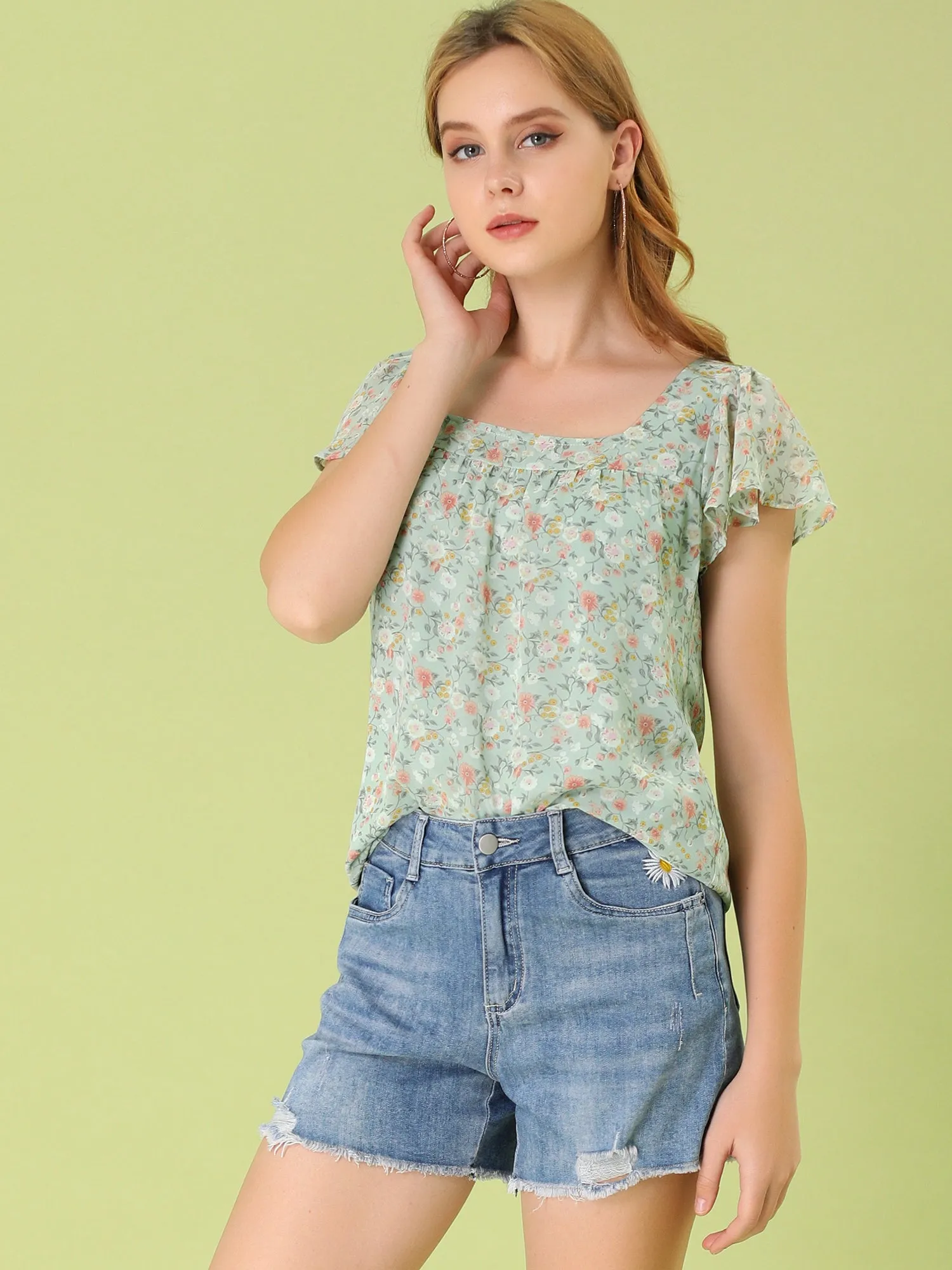 Chiffon Ruffle Sleeve Top Layered Vintage Ditsy Floral Blouse