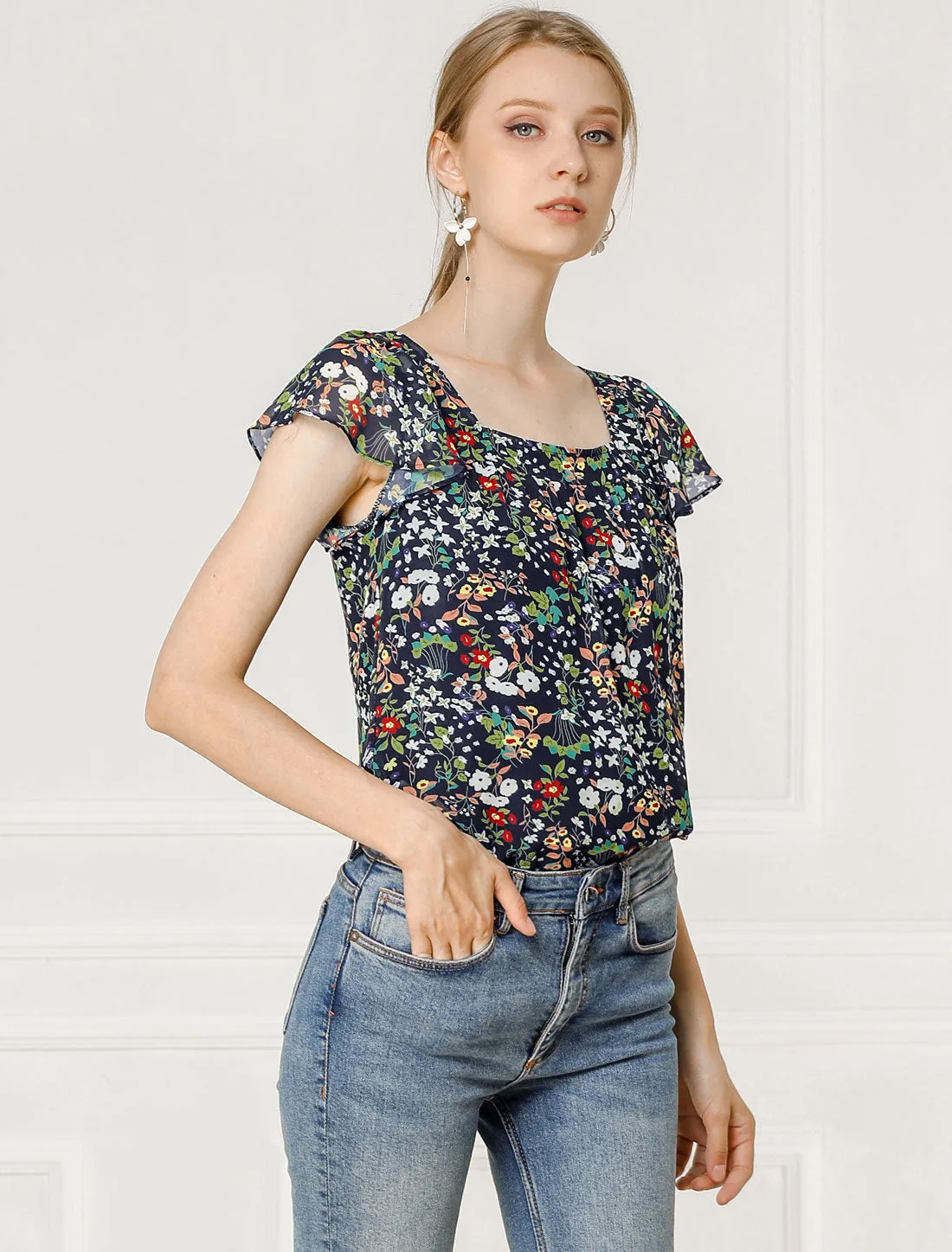 Chiffon Ruffle Sleeve Top Layered Vintage Ditsy Floral Blouse