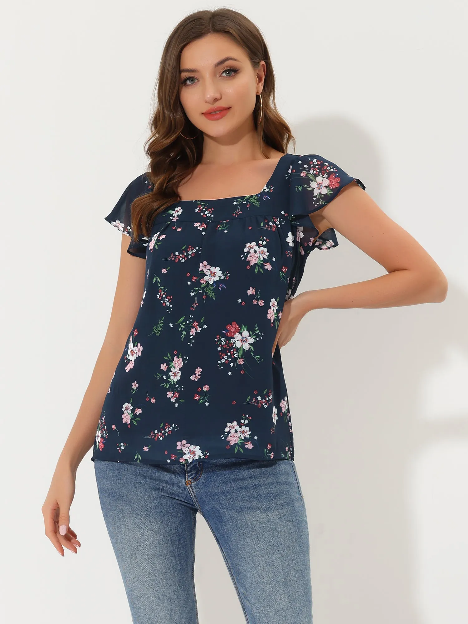 Chiffon Ruffle Sleeve Top Layered Vintage Ditsy Floral Blouse