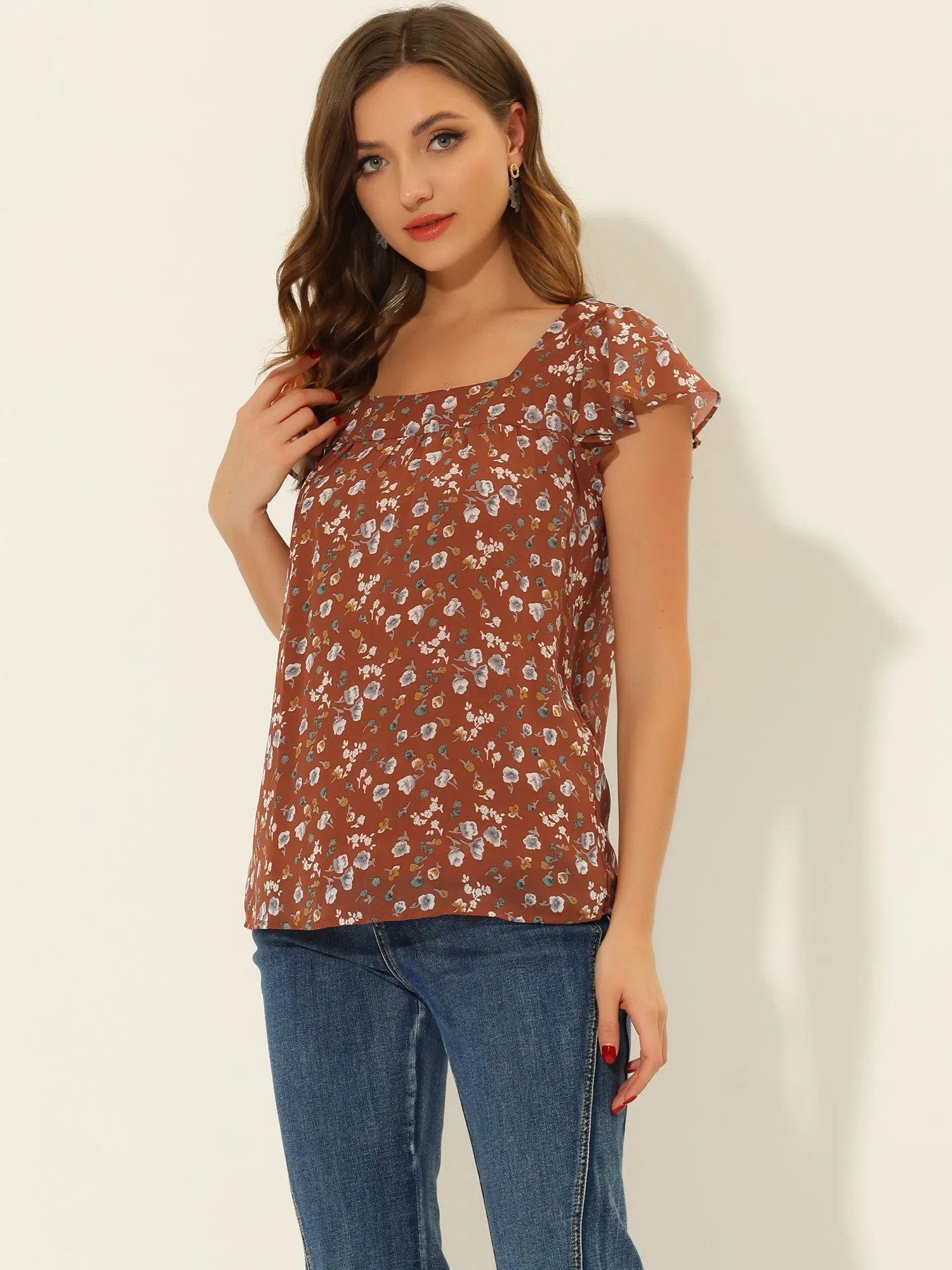 Chiffon Ruffle Sleeve Top Layered Vintage Ditsy Floral Blouse