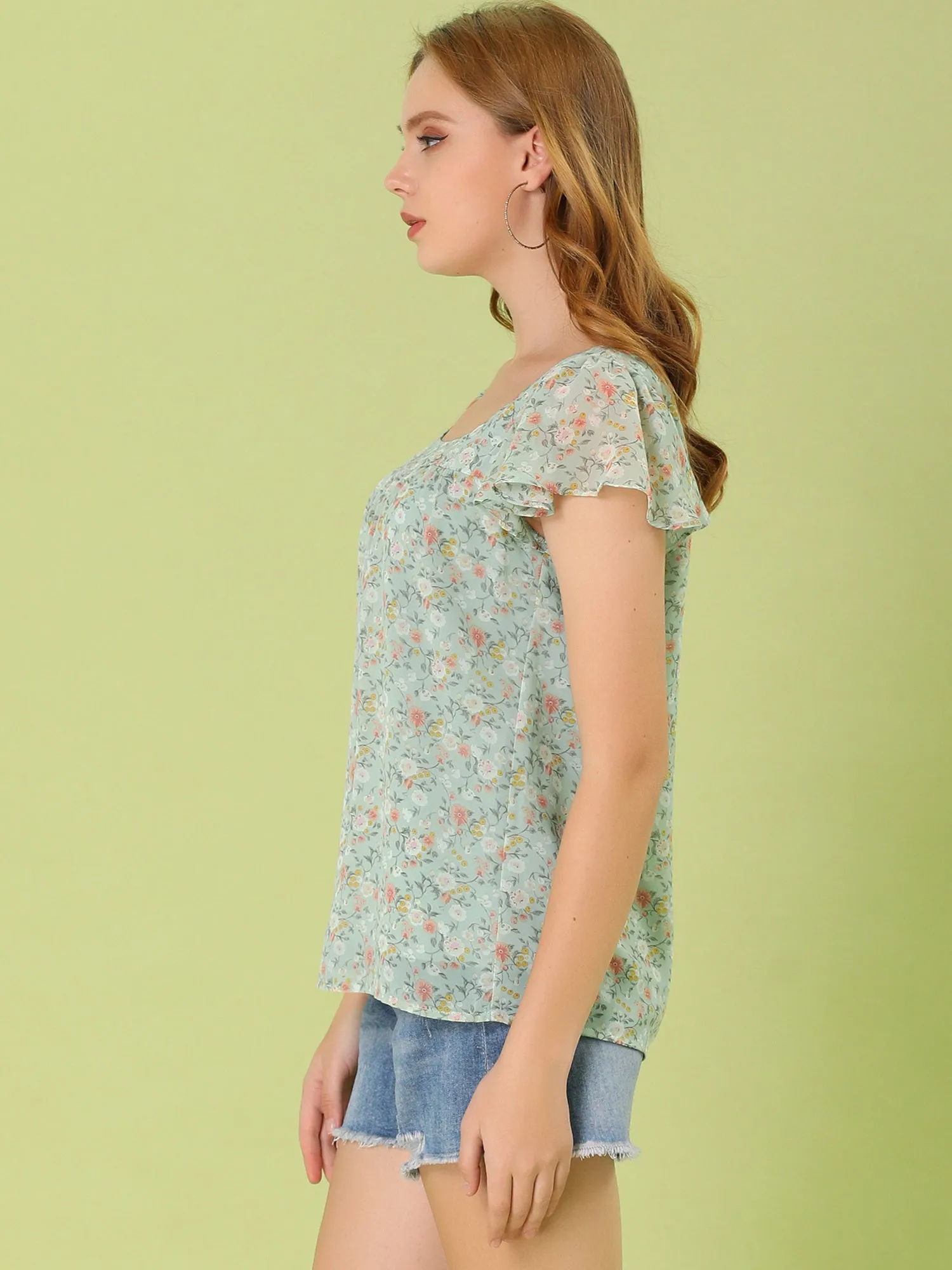 Chiffon Ruffle Sleeve Top Layered Vintage Ditsy Floral Blouse