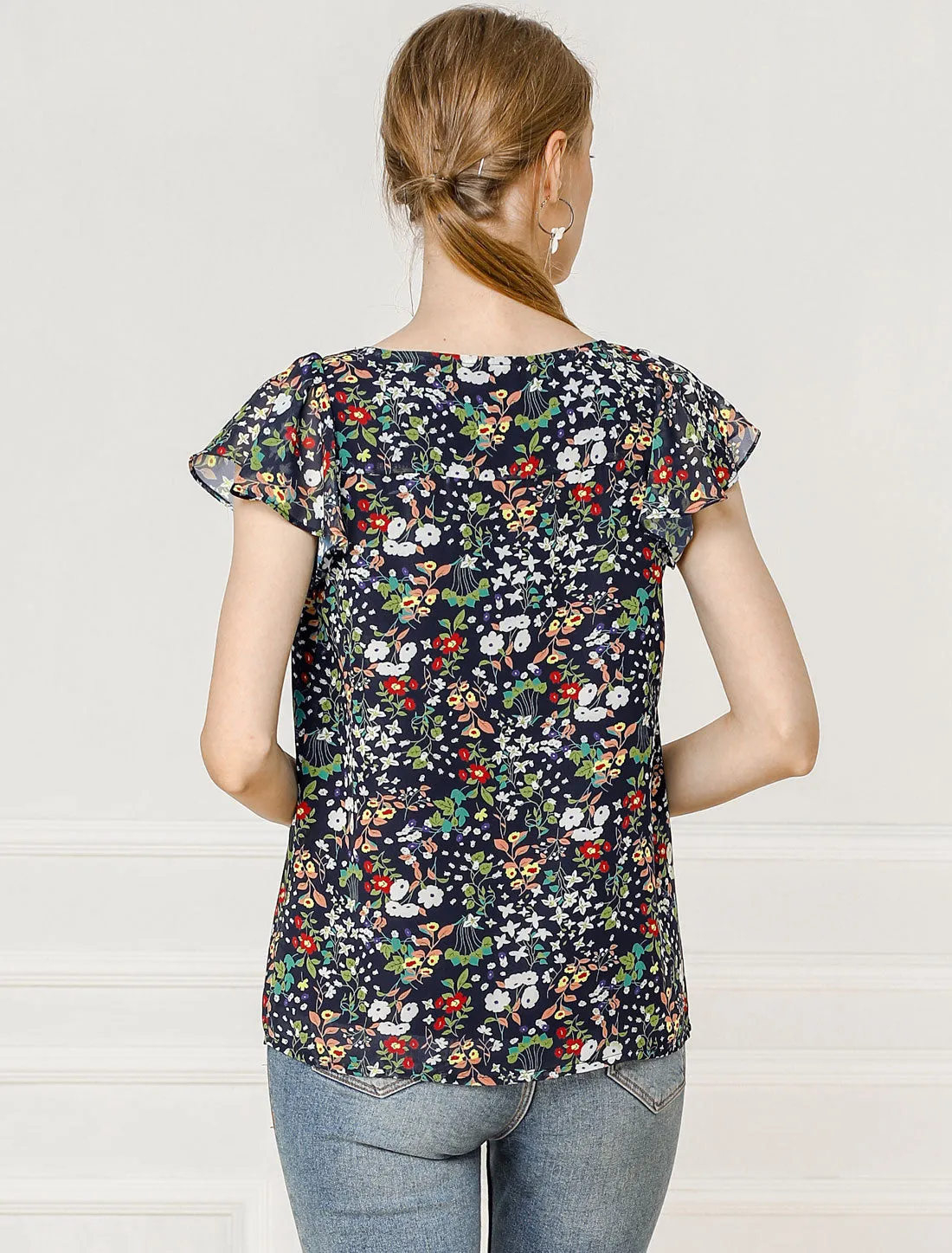 Chiffon Ruffle Sleeve Top Layered Vintage Ditsy Floral Blouse