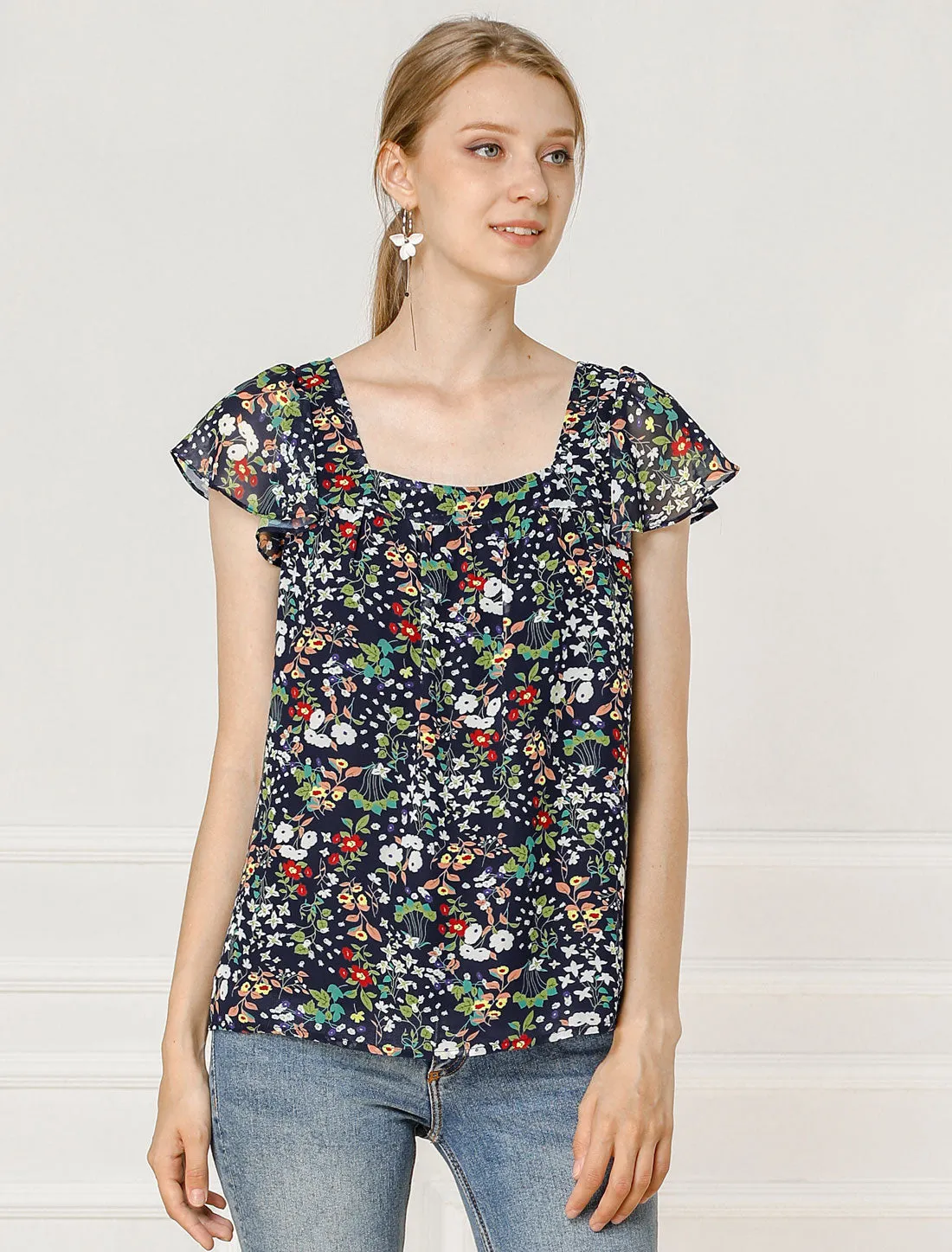 Chiffon Ruffle Sleeve Top Layered Vintage Ditsy Floral Blouse