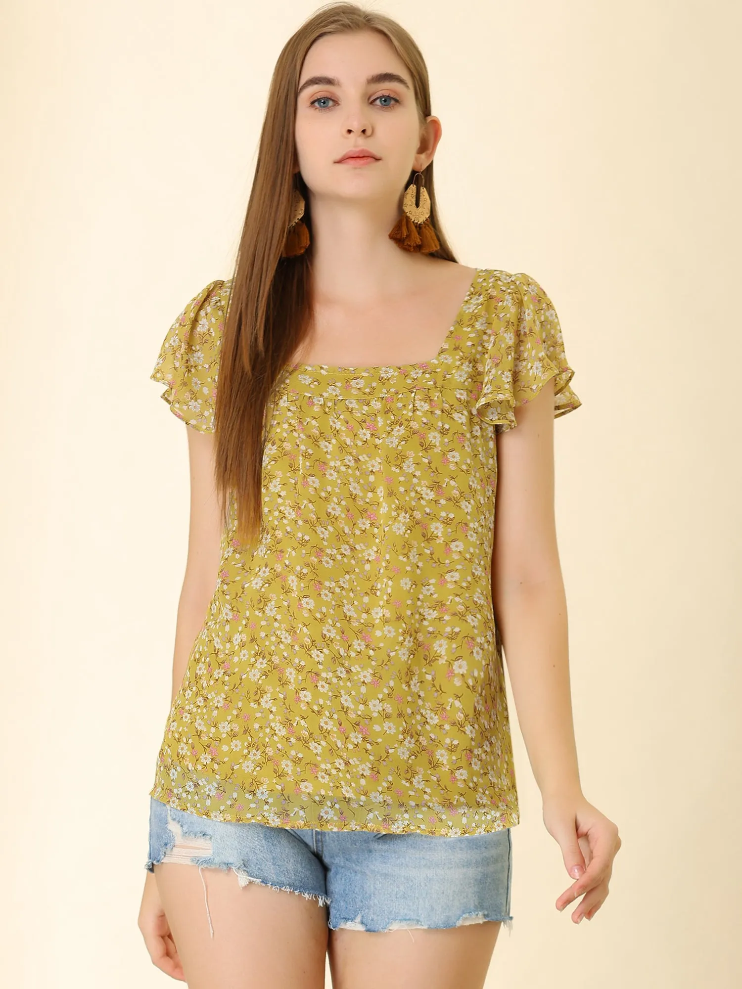 Chiffon Ruffle Sleeve Top Layered Vintage Ditsy Floral Blouse