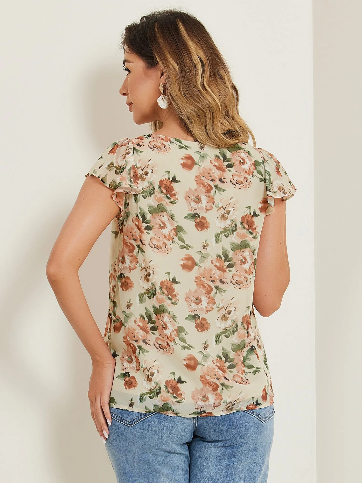 Chiffon Ruffle Sleeve Top Layered Vintage Ditsy Floral Blouse