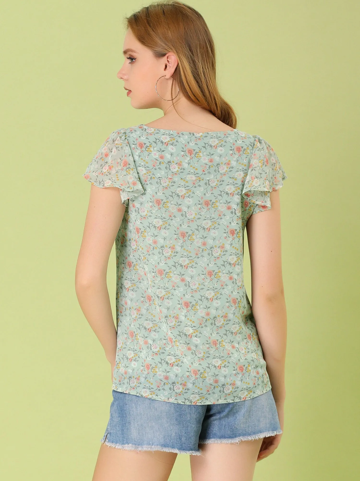 Chiffon Ruffle Sleeve Top Layered Vintage Ditsy Floral Blouse