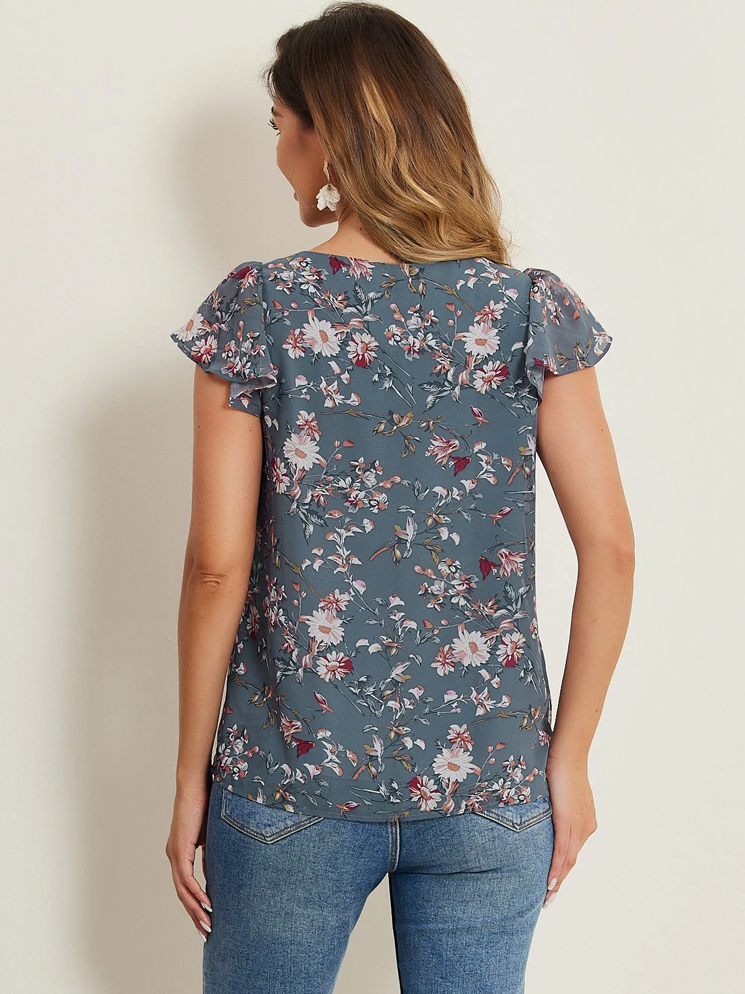 Chiffon Ruffle Sleeve Top Layered Vintage Ditsy Floral Blouse