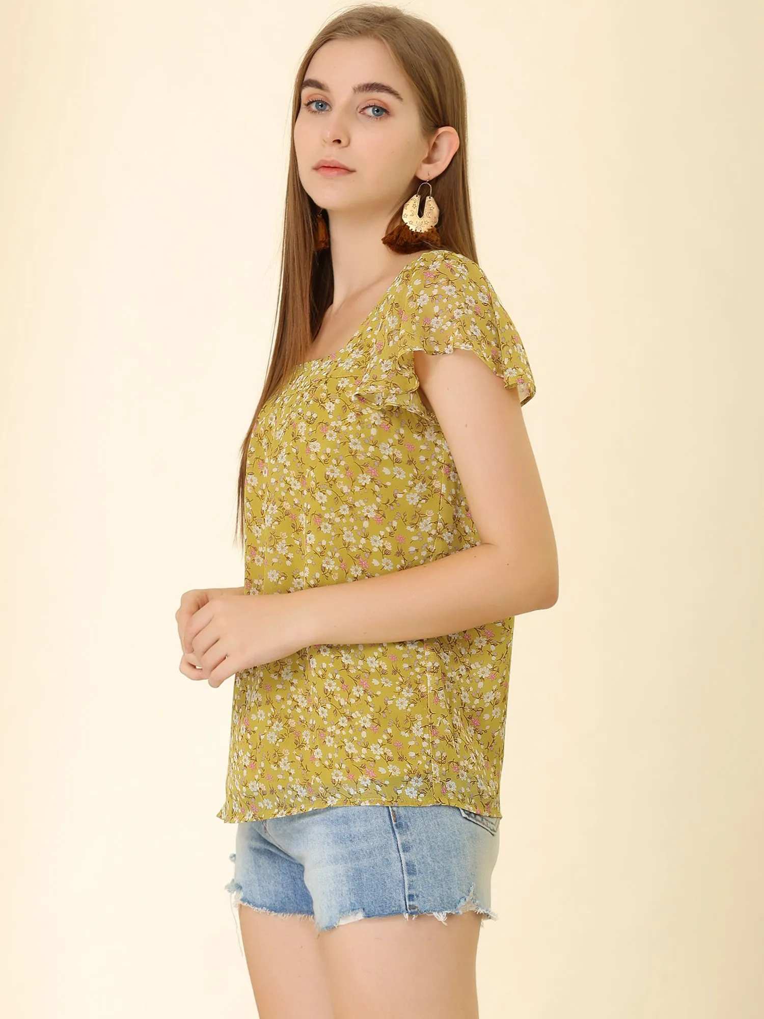 Chiffon Ruffle Sleeve Top Layered Vintage Ditsy Floral Blouse