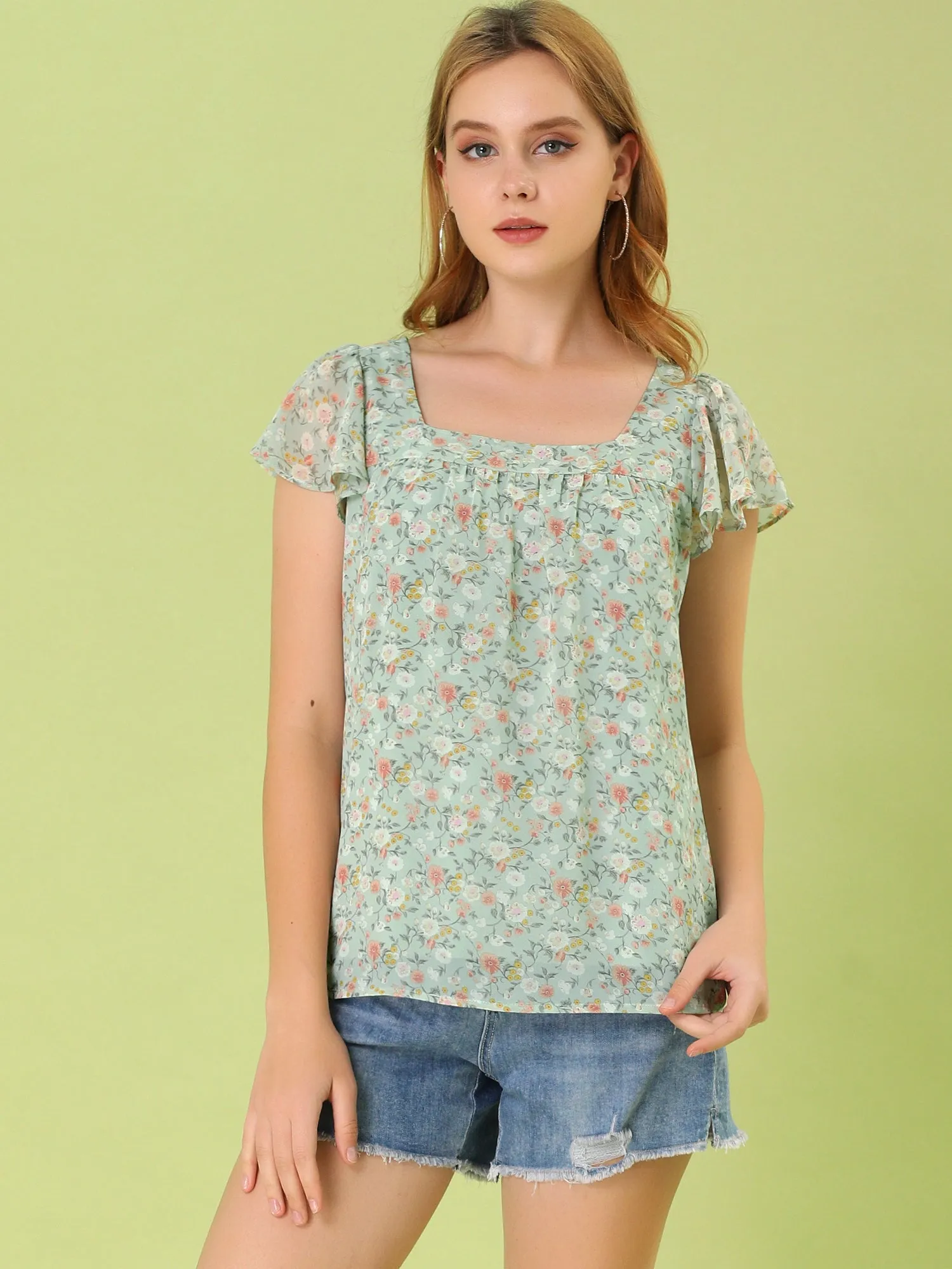 Chiffon Ruffle Sleeve Top Layered Vintage Ditsy Floral Blouse