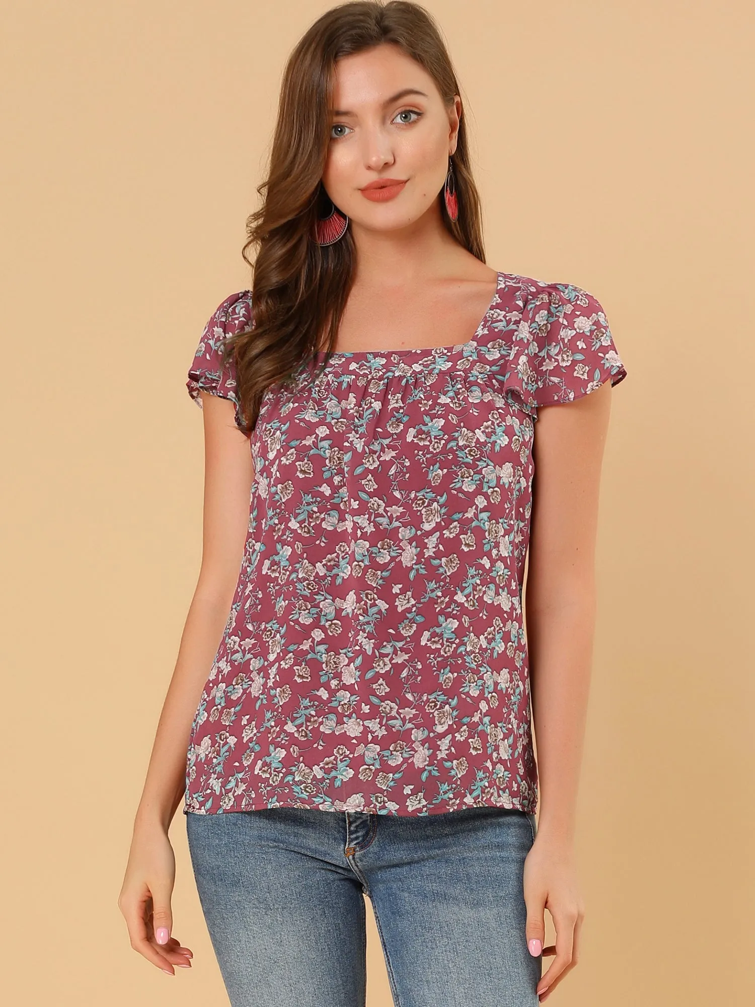 Chiffon Ruffle Sleeve Top Layered Vintage Ditsy Floral Blouse