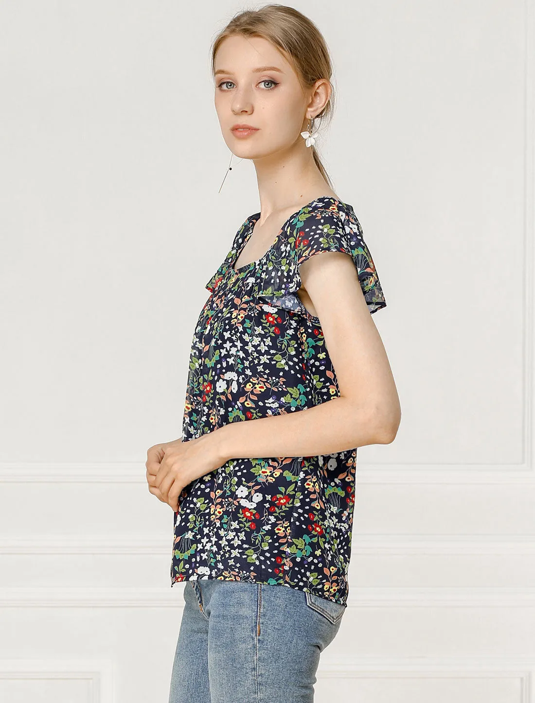 Chiffon Ruffle Sleeve Top Layered Vintage Ditsy Floral Blouse
