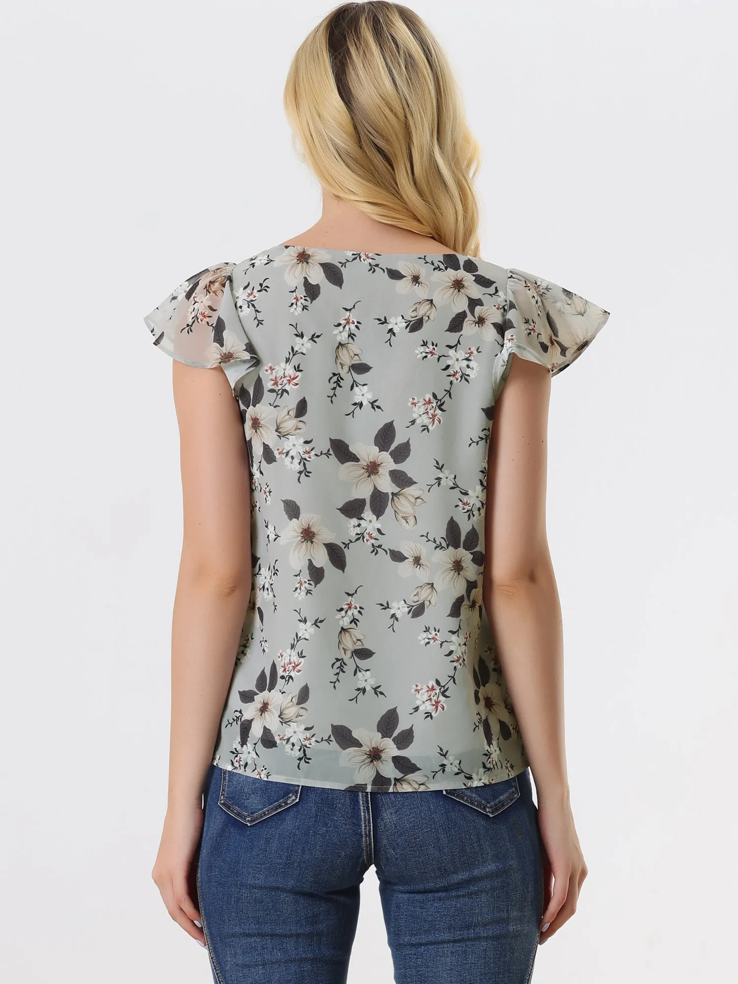 Chiffon Ruffle Sleeve Top Layered Vintage Ditsy Floral Blouse