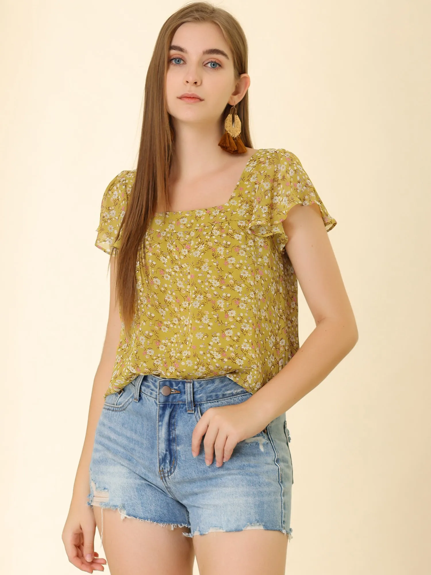 Chiffon Ruffle Sleeve Top Layered Vintage Ditsy Floral Blouse