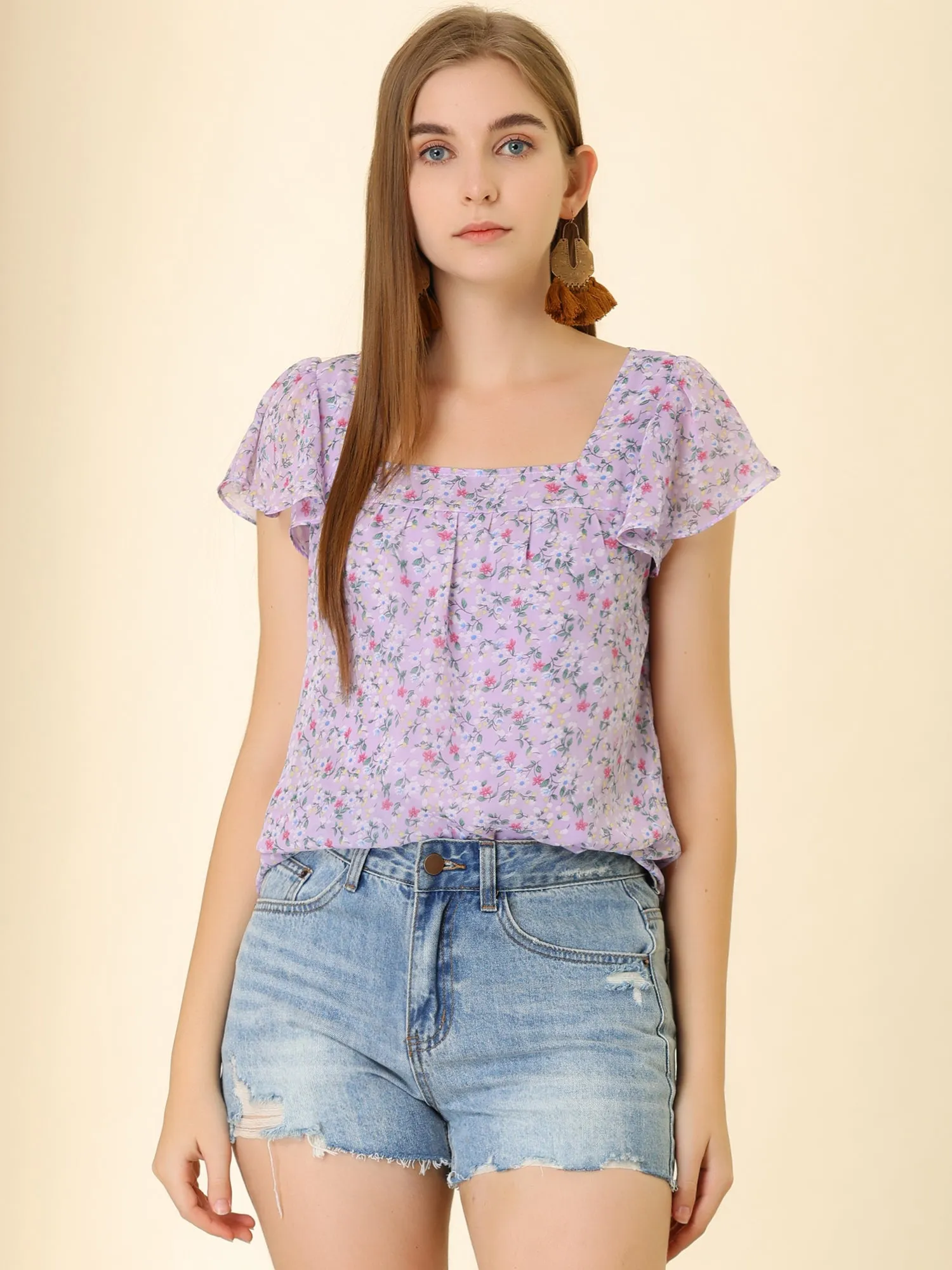 Chiffon Ruffle Sleeve Top Layered Vintage Ditsy Floral Blouse