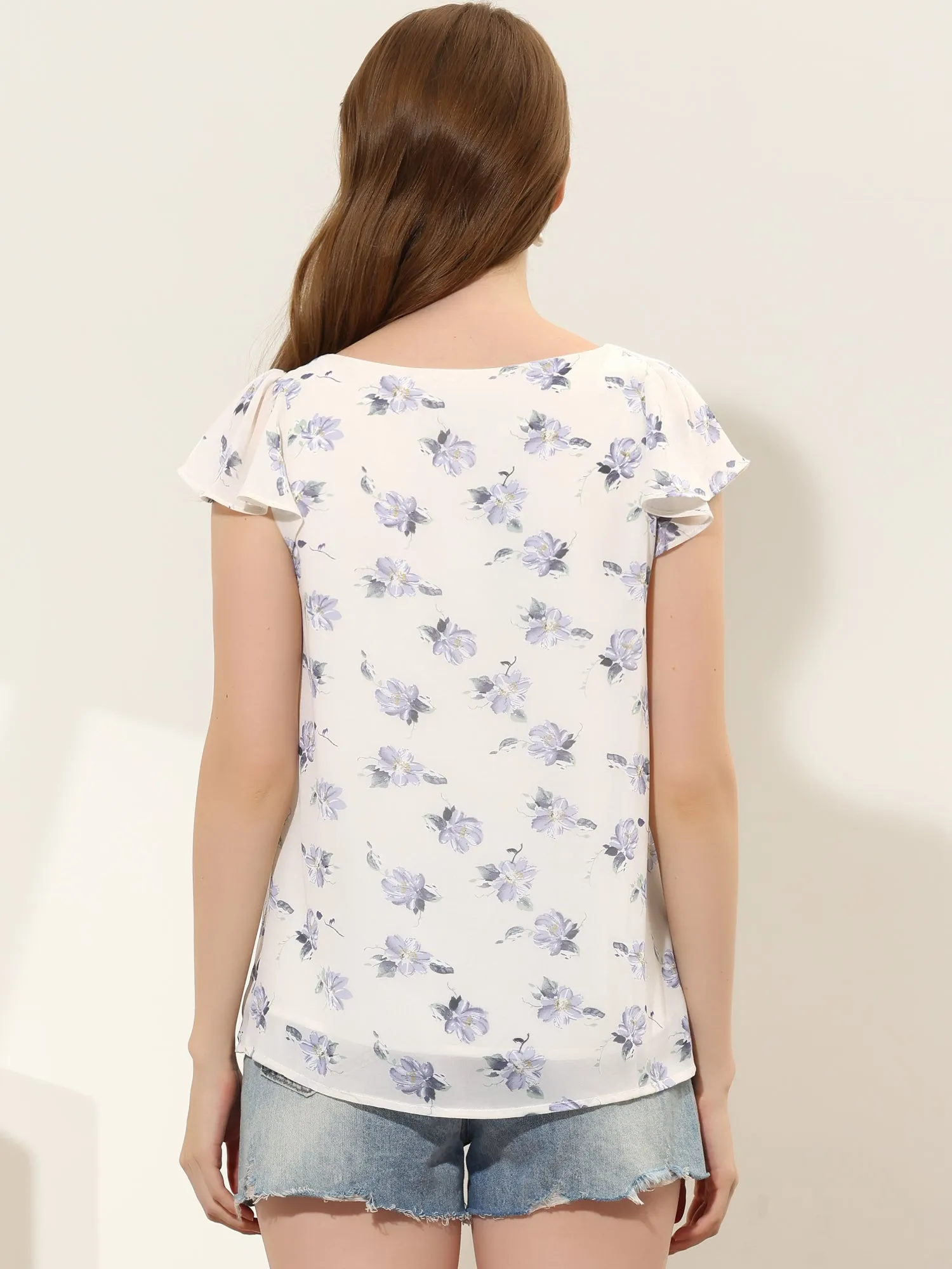 Chiffon Ruffle Sleeve Top Layered Vintage Ditsy Floral Blouse