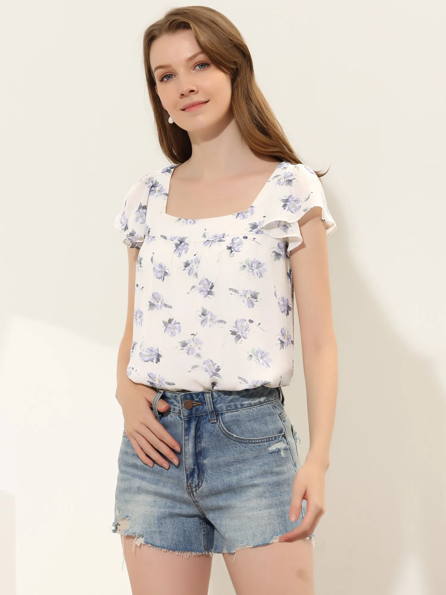 Chiffon Ruffle Sleeve Top Layered Vintage Ditsy Floral Blouse