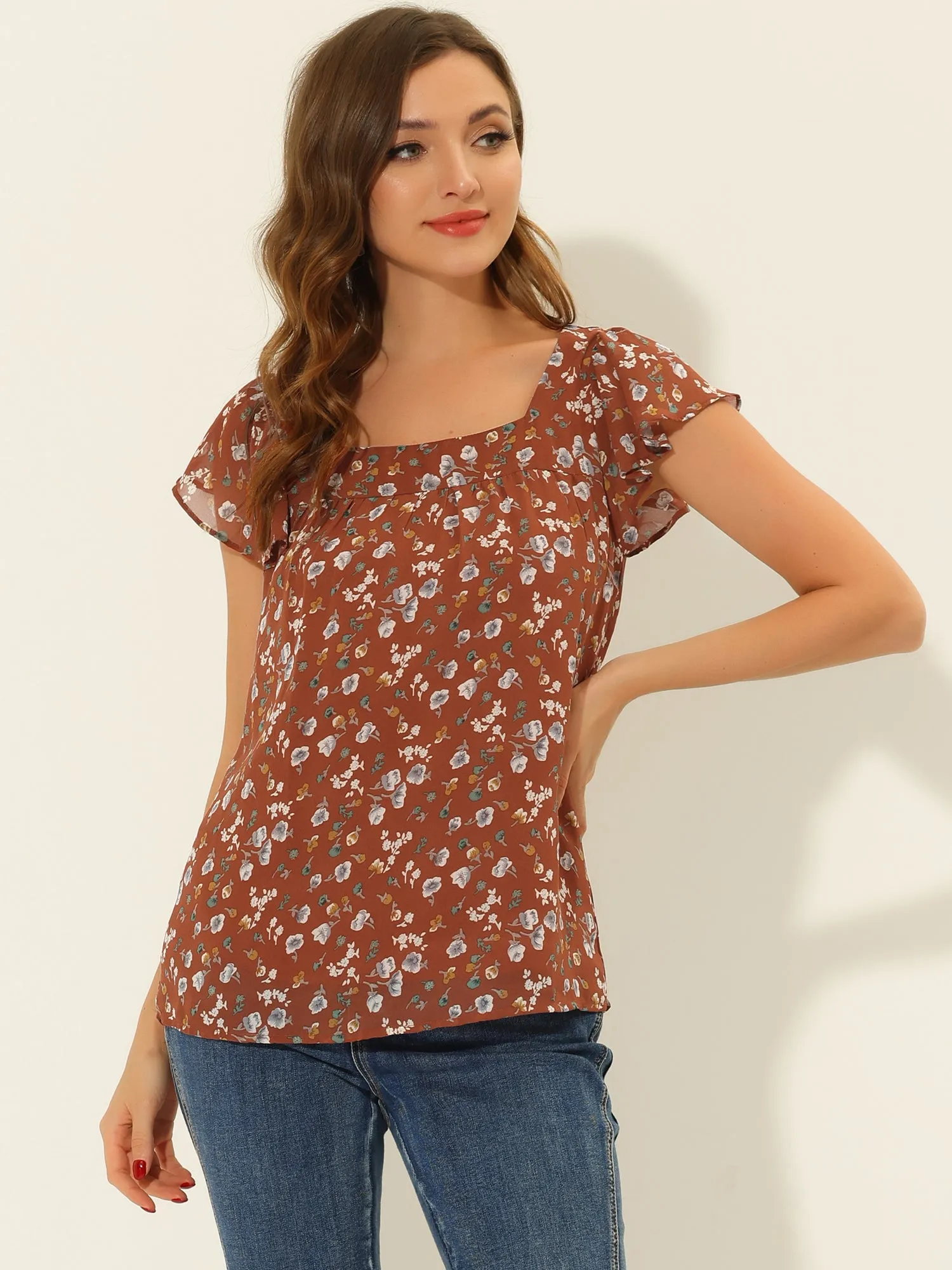 Chiffon Ruffle Sleeve Top Layered Vintage Ditsy Floral Blouse
