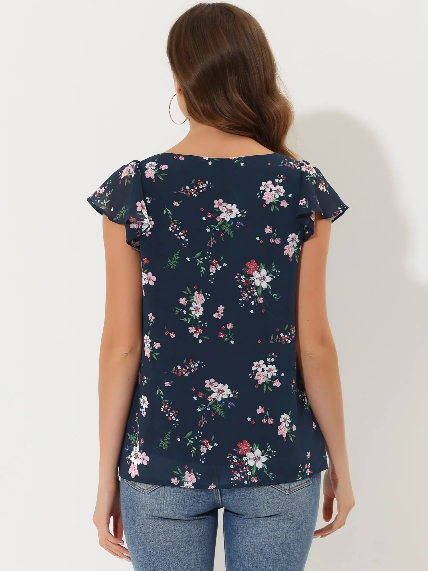 Chiffon Ruffle Sleeve Top Layered Vintage Ditsy Floral Blouse