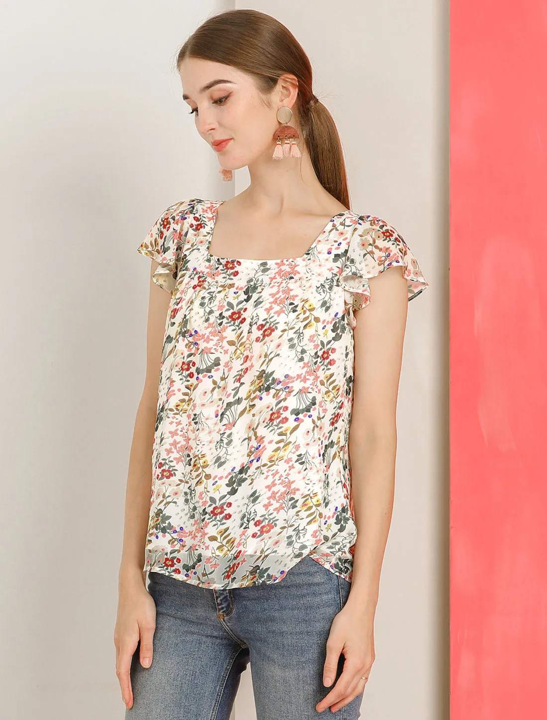 Chiffon Ruffle Sleeve Top Layered Vintage Ditsy Floral Blouse