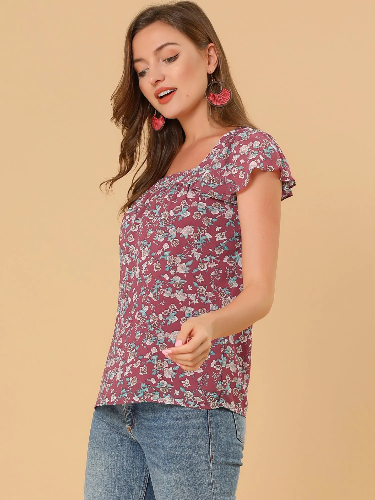 Chiffon Ruffle Sleeve Top Layered Vintage Ditsy Floral Blouse