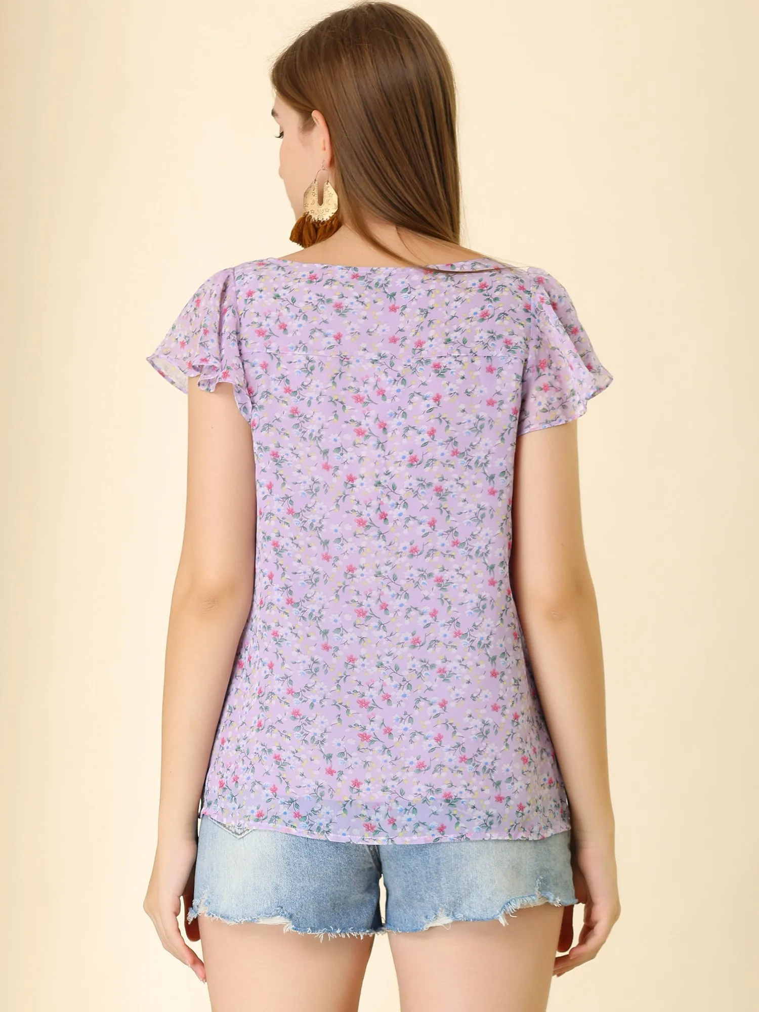 Chiffon Ruffle Sleeve Top Layered Vintage Ditsy Floral Blouse