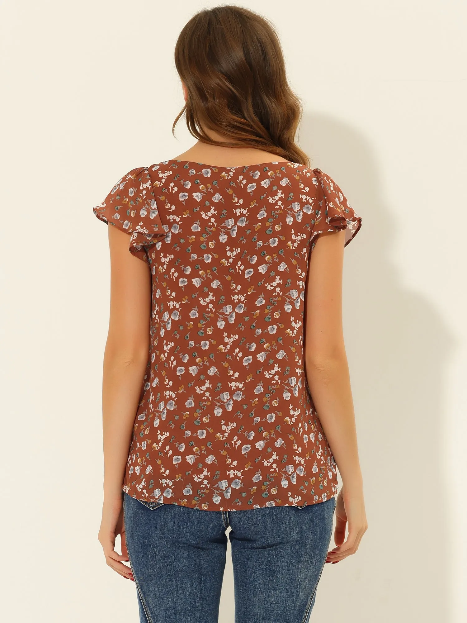 Chiffon Ruffle Sleeve Top Layered Vintage Ditsy Floral Blouse