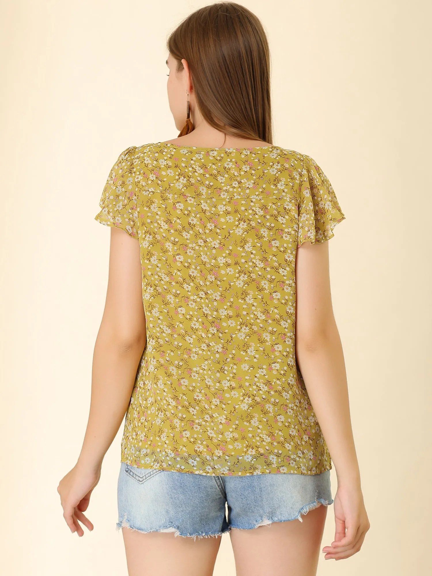 Chiffon Ruffle Sleeve Top Layered Vintage Ditsy Floral Blouse