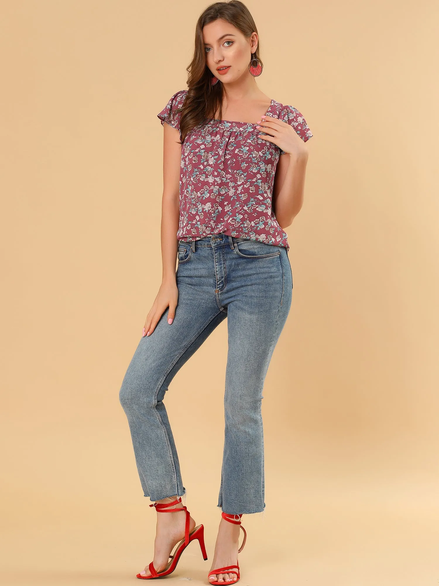 Chiffon Ruffle Sleeve Top Layered Vintage Ditsy Floral Blouse