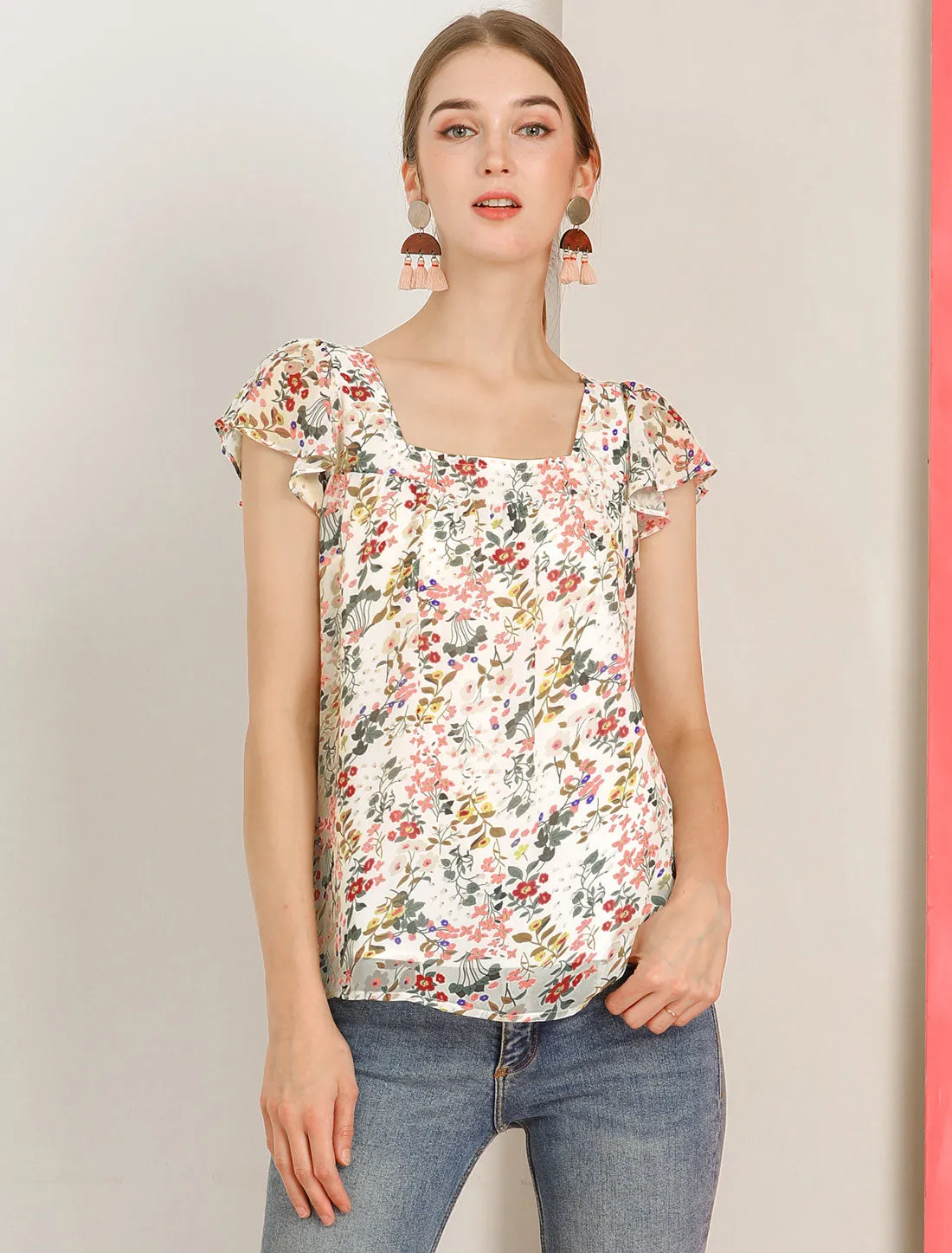Chiffon Ruffle Sleeve Top Layered Vintage Ditsy Floral Blouse