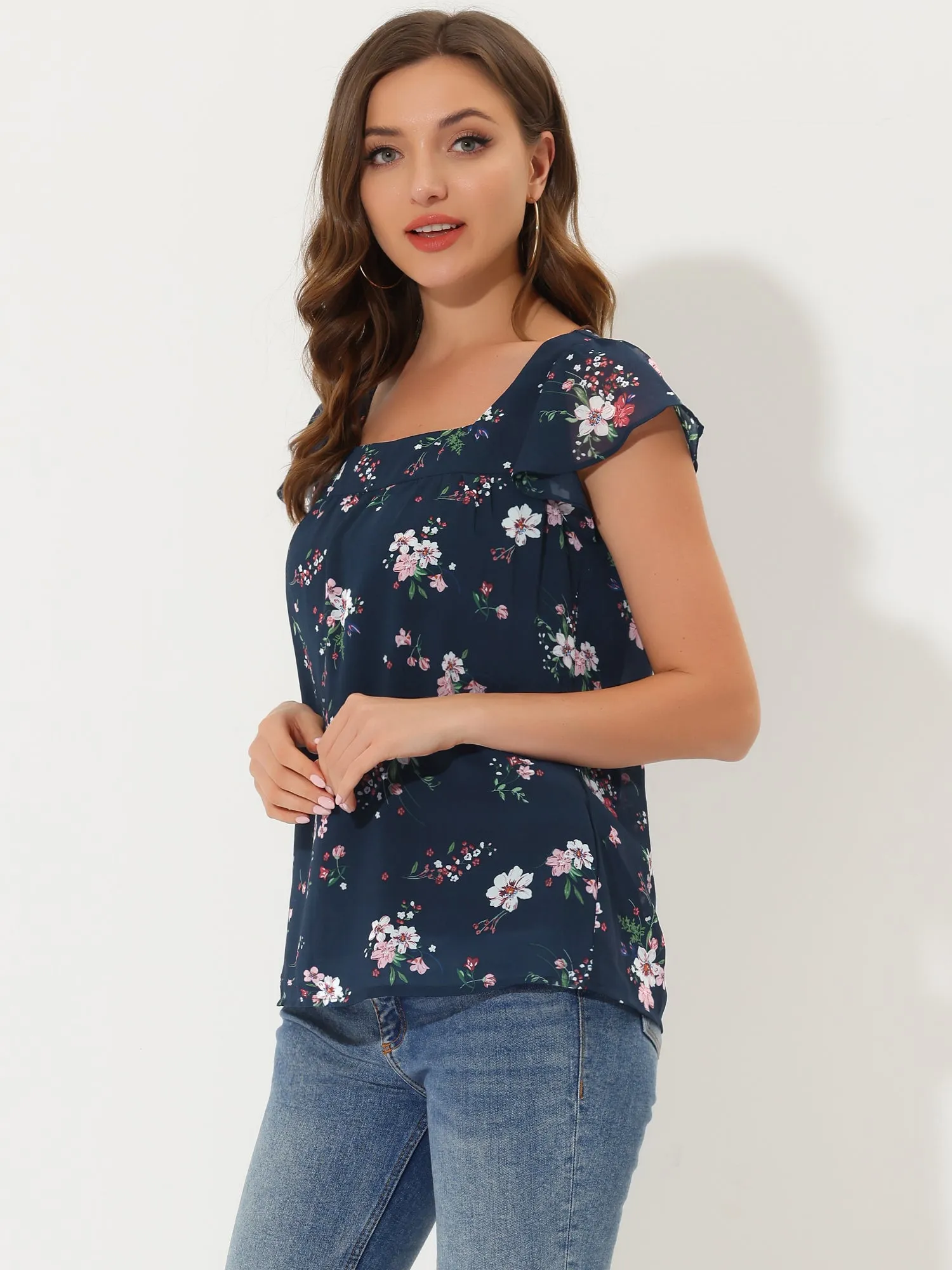 Chiffon Ruffle Sleeve Top Layered Vintage Ditsy Floral Blouse