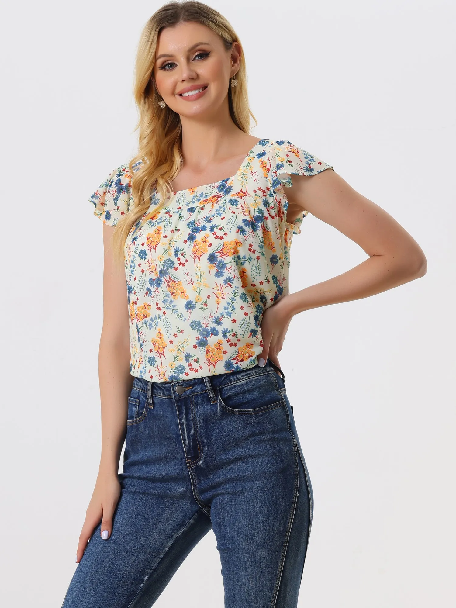 Chiffon Ruffle Sleeve Top Layered Vintage Ditsy Floral Blouse