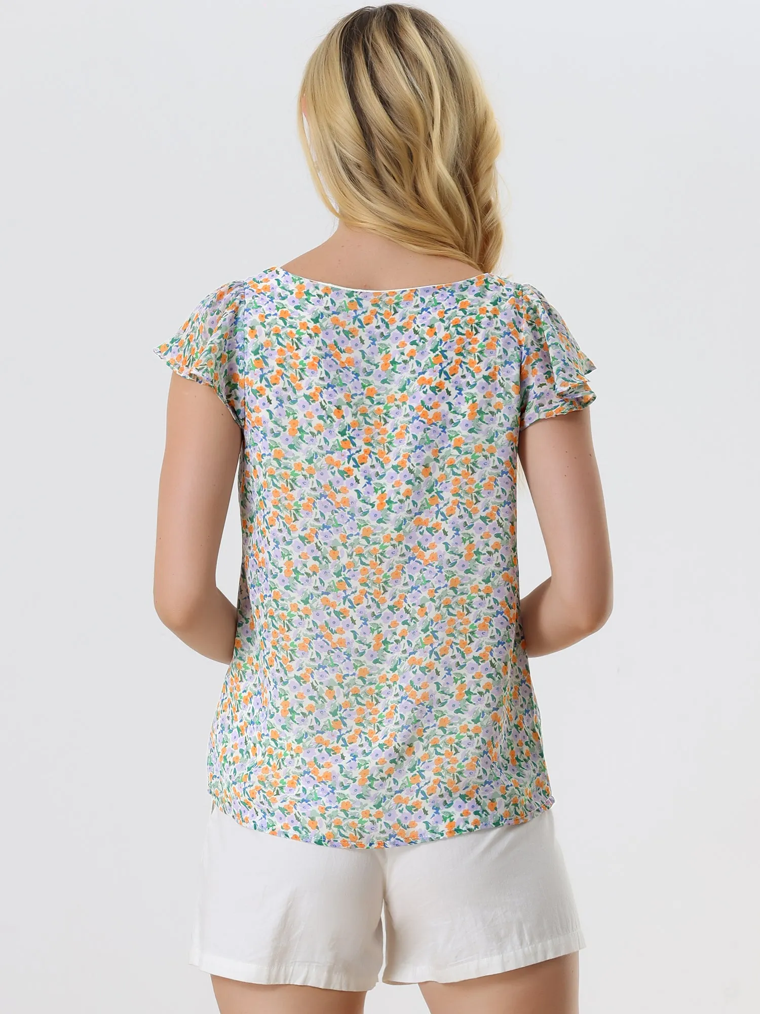 Chiffon Ruffle Sleeve Top Layered Vintage Ditsy Floral Blouse