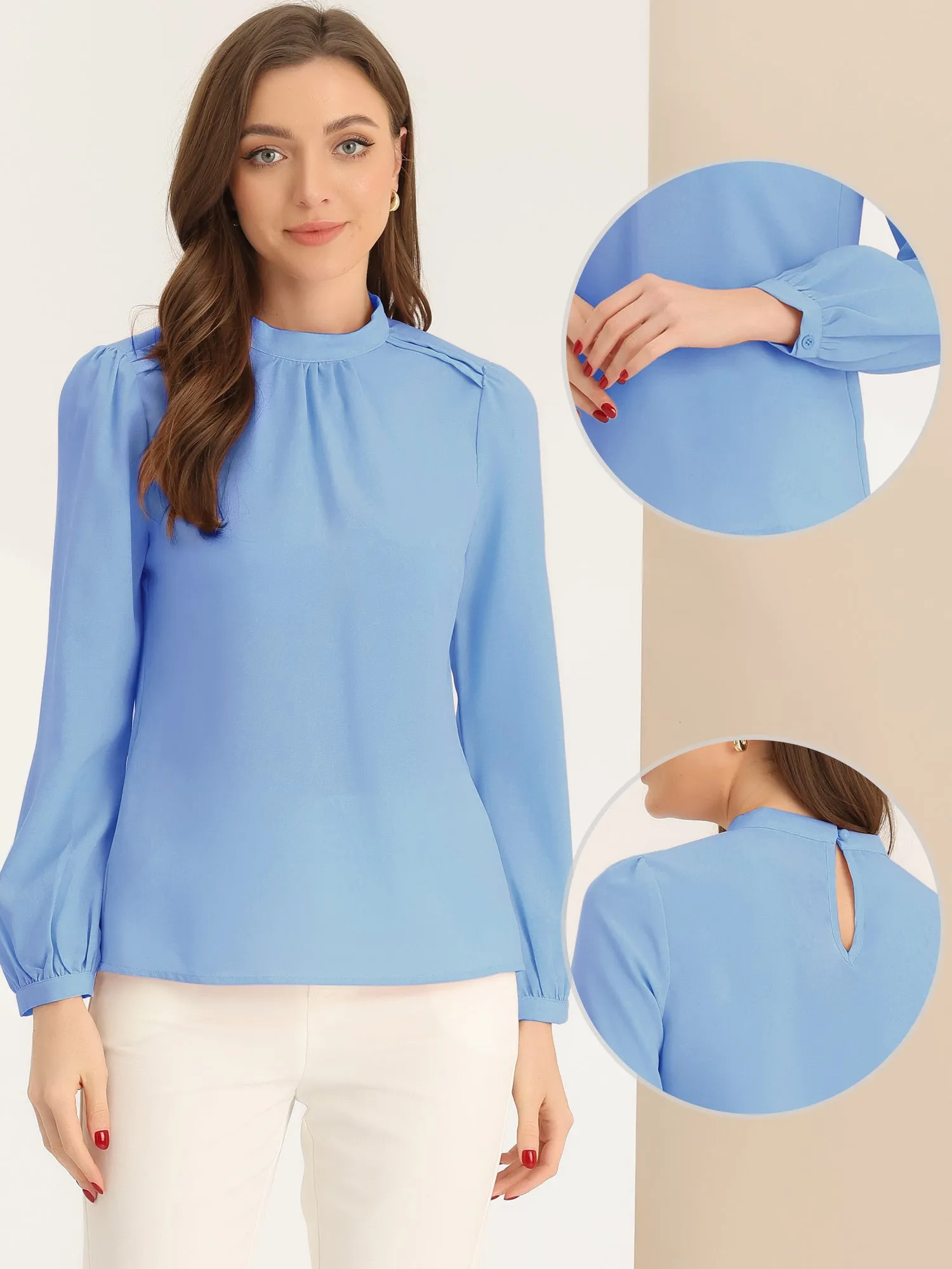 Chiffon Shirt Work Office Mock Neck Long Sleeve Blouse