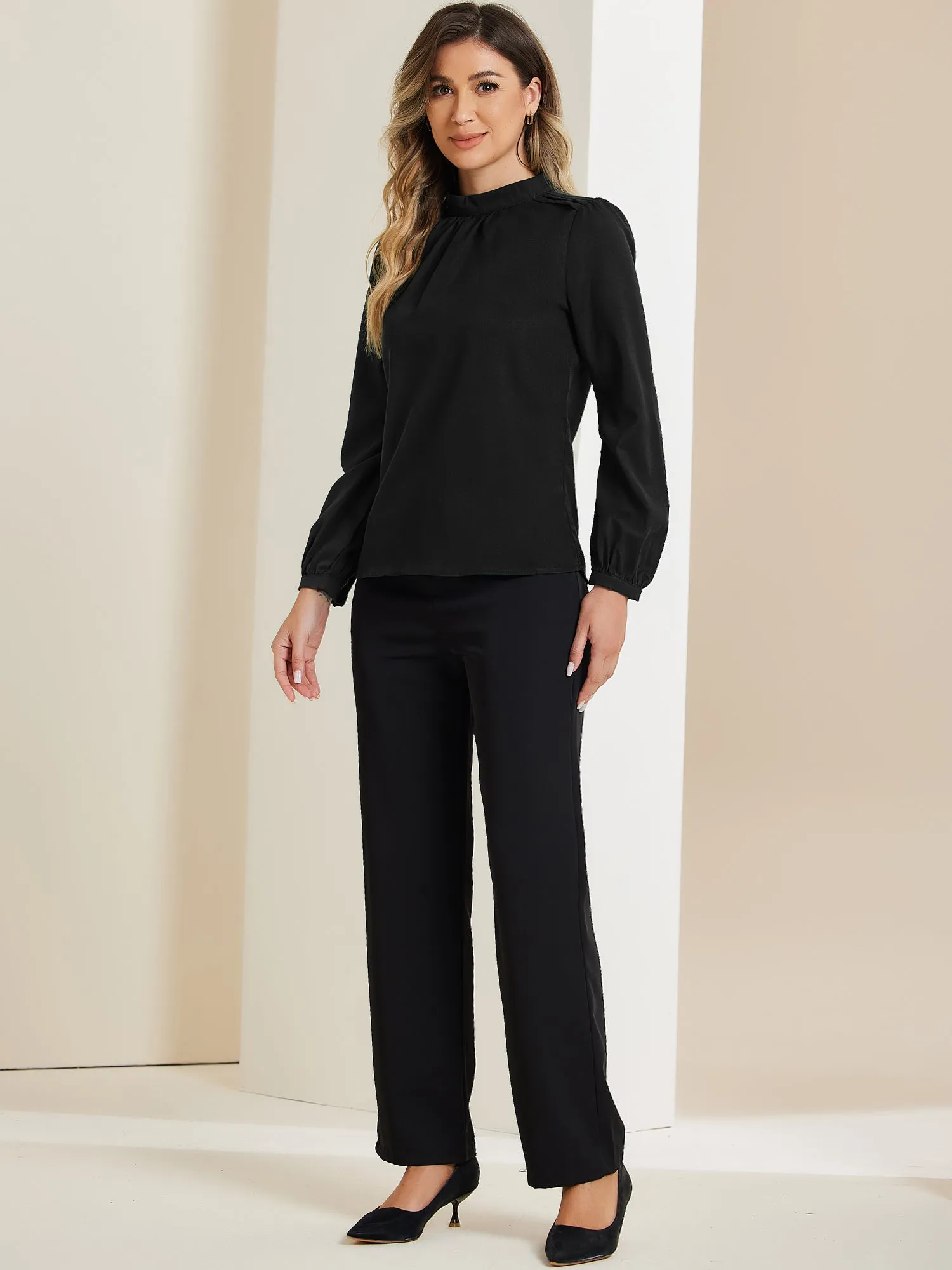 Chiffon Shirt Work Office Mock Neck Long Sleeve Blouse