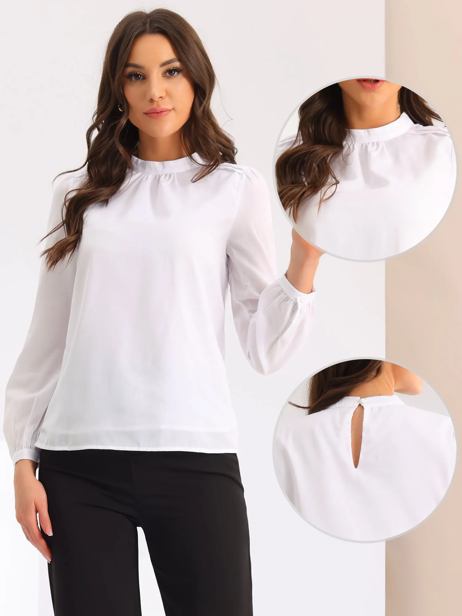 Chiffon Shirt Work Office Mock Neck Long Sleeve Blouse
