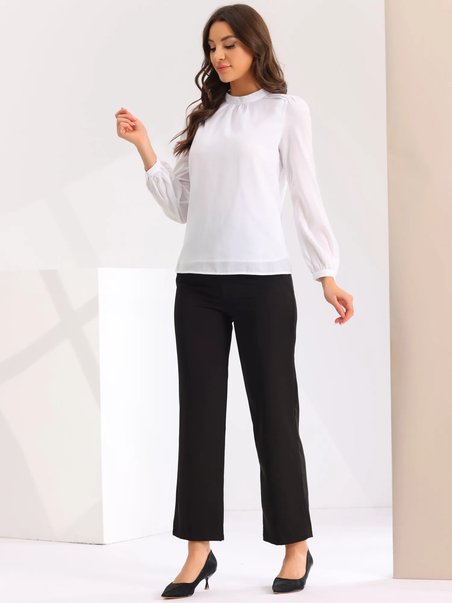 Chiffon Shirt Work Office Mock Neck Long Sleeve Blouse